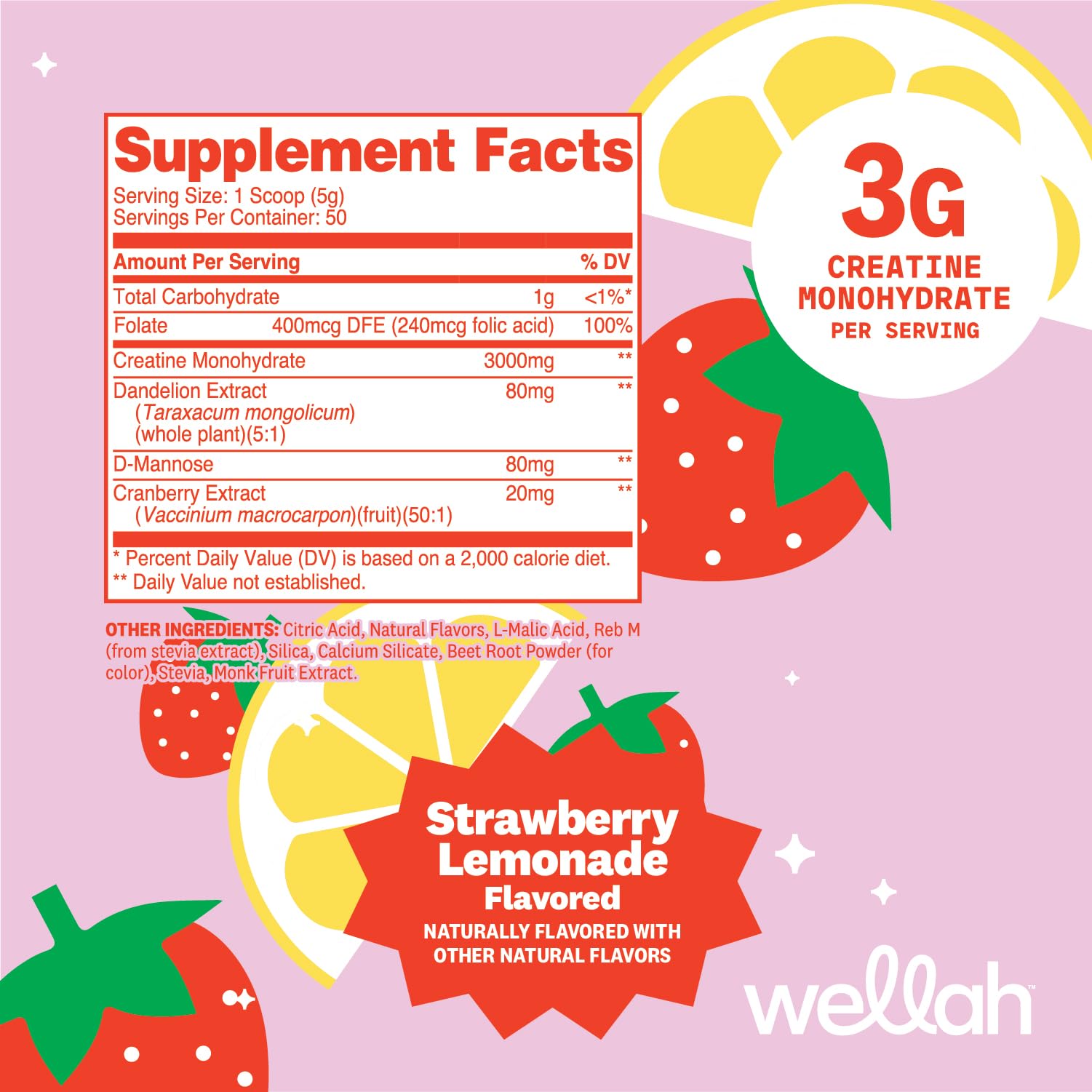Wellah Creatine for Women - Creatine Monohydrate with Dandelion & Cranberry Extract (50 Servings, Strawberry Lemonade) | Creatine Monohydrate with Dandelion & Cranberry Extract