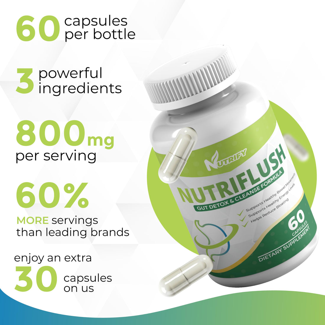Nutrify Nutriflush supplement bottle with green label on a white background