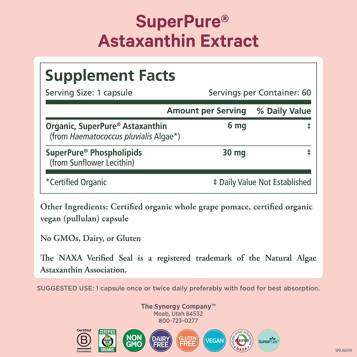 PURE SYNERGY SuperPure Astaxanthin Extract | Organic Astaxanthin from Algae with Sunflower Lecithin | Antioxidant Support for Skin and Eye Health (60 Capsules)