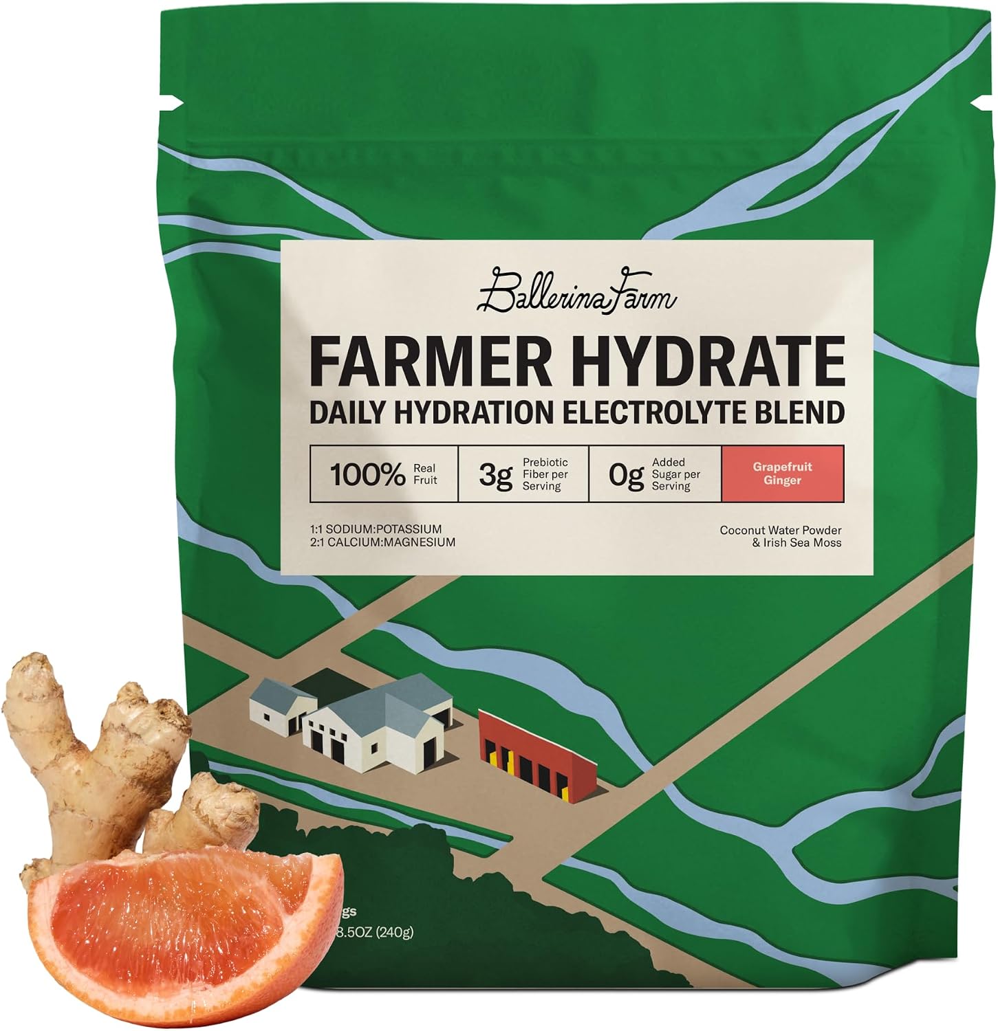 Ballerina Farm Farmer Hydrate Grapefruit Ginger Electrolytes Powder | Organic Coconut Water, Irish Sea Moss, French Sea Salt, No Added Sugar, Prebiotic Fiber, 25 Servings