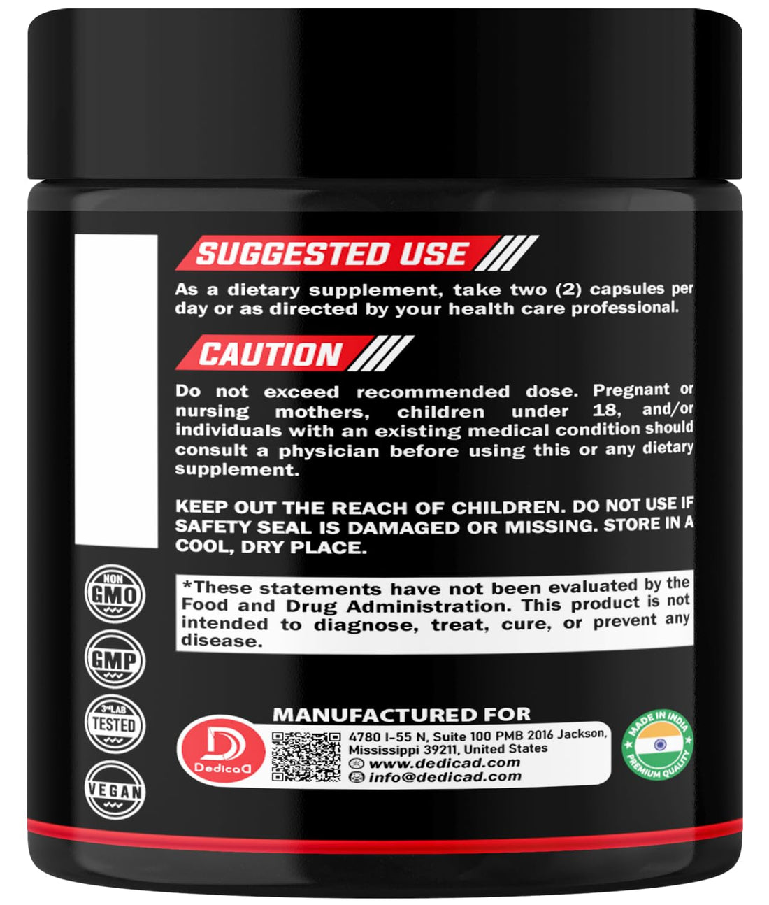 Dietary supplement container with ingredients listed on a black background