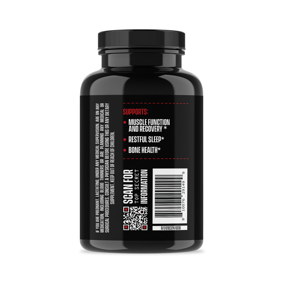 Black supplement bottle labeled 'Jocko Magnesium' on a white background