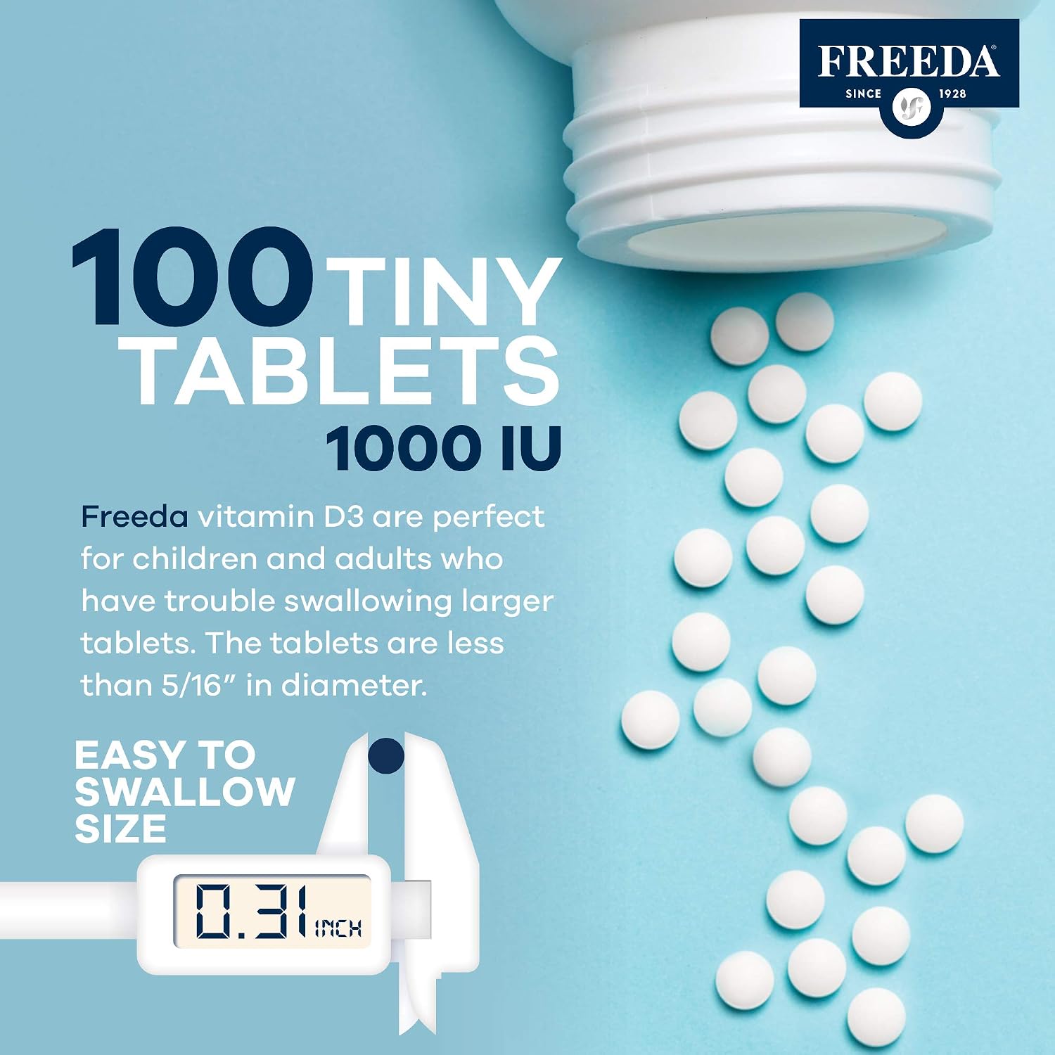 FREEDA Vitamin D3-1000 IU - Pure High Potency Kosher Supplement Tablets - Bone and Muscle Health, Calcium Absorption, Immune Support for Men and Women* - 100 Count | Supports Bone, Muscle & Immune Health – Helps Calcium Absorption – Easy-to-Swallow Tiny T