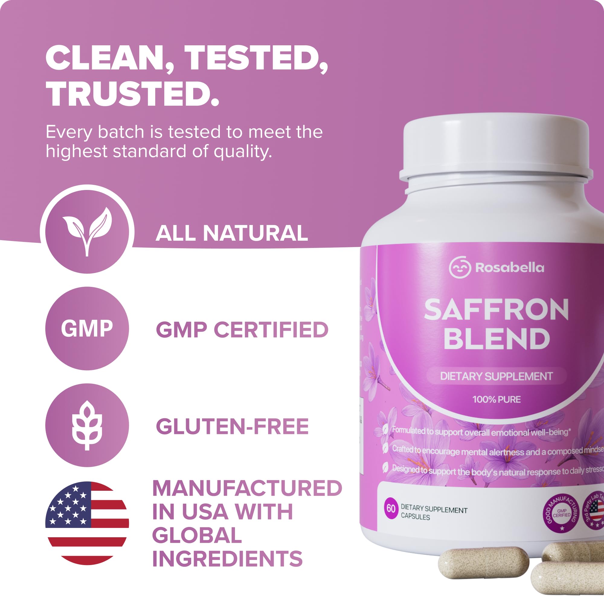 Rosabella Saffron Blend Supplement for Men & Women – Saffron, B6, Magnesium & Herbal Extract Capsules – Supports Mood, Focus & Clarity – Non-GMO, Gluten-Free – 60 Capsules – 30-Day Supply