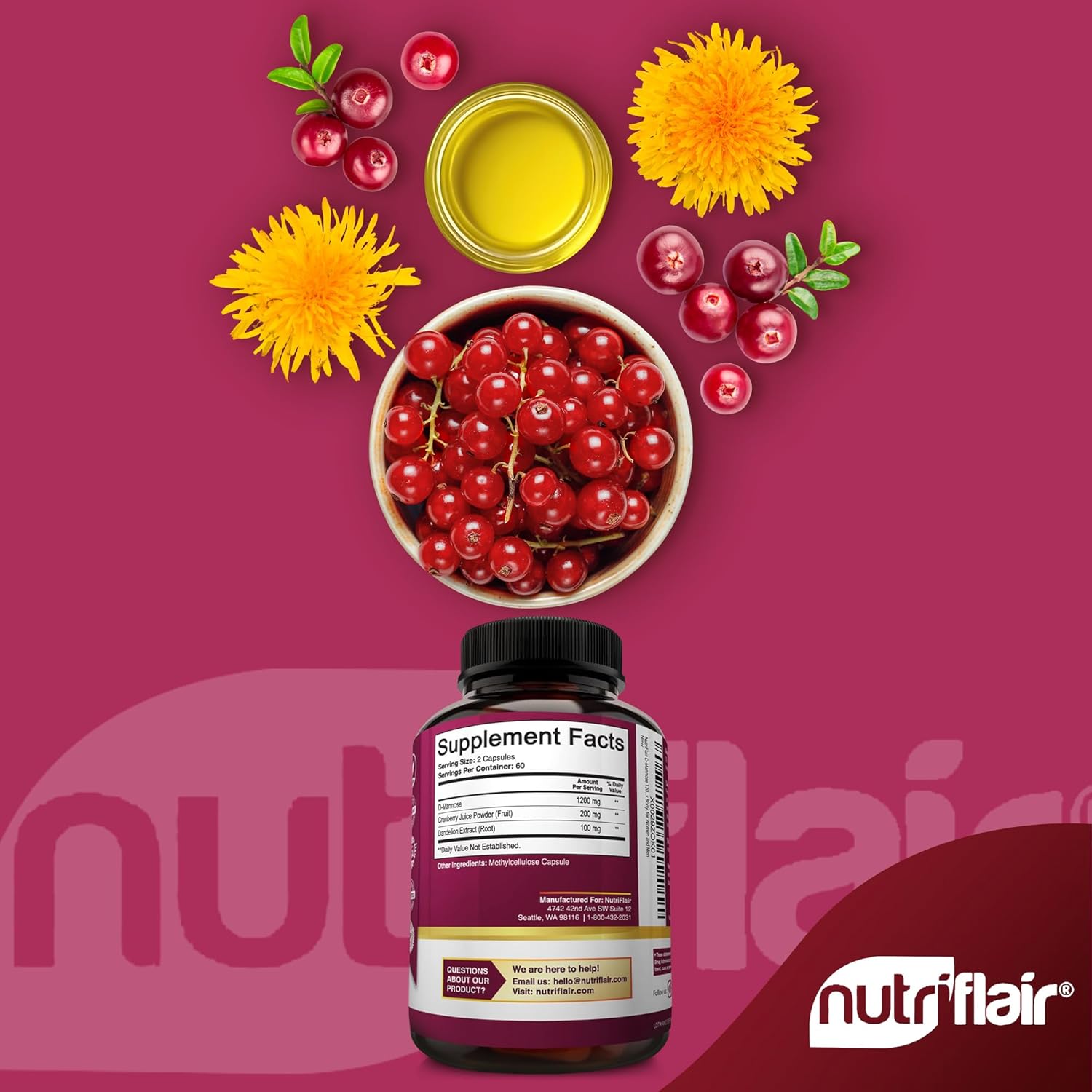 NutriFlair D-Mannose 120 Capsules, 1500mg - with Cranberry and Dandelion Extract - Natural Urinary Tract Health UTI Support - Best D Mannose Powder - Flush Impurities, Detox Body, for Women and Men
