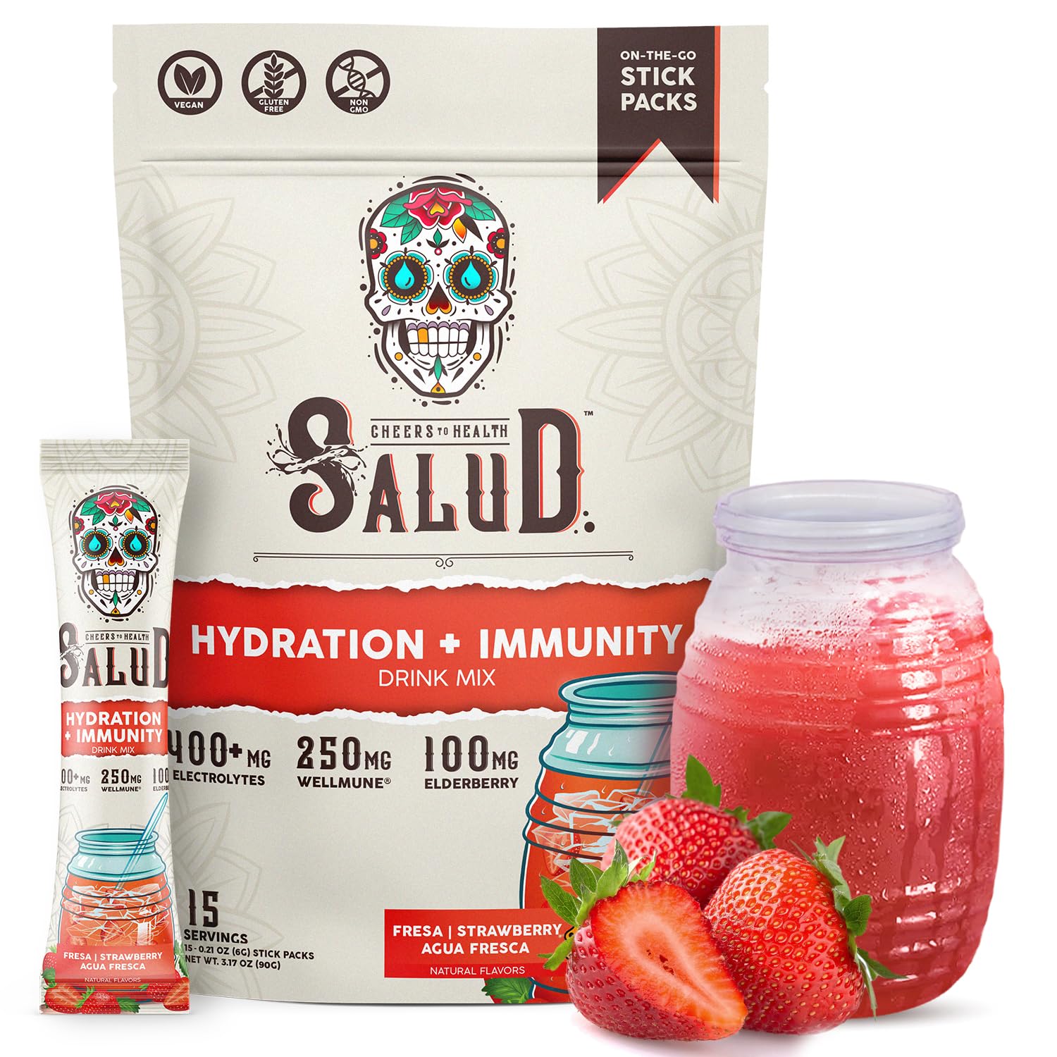 Salud 2-in-1 Hydration + Immunity Drink Mix, Cucumber Lime | Electrolytes Powder, Agua Fresca, Elderberry, Dairy & Soy Free, Non-GMO, Gluten Free, Vegan, 1g Sugar (15 Servings)