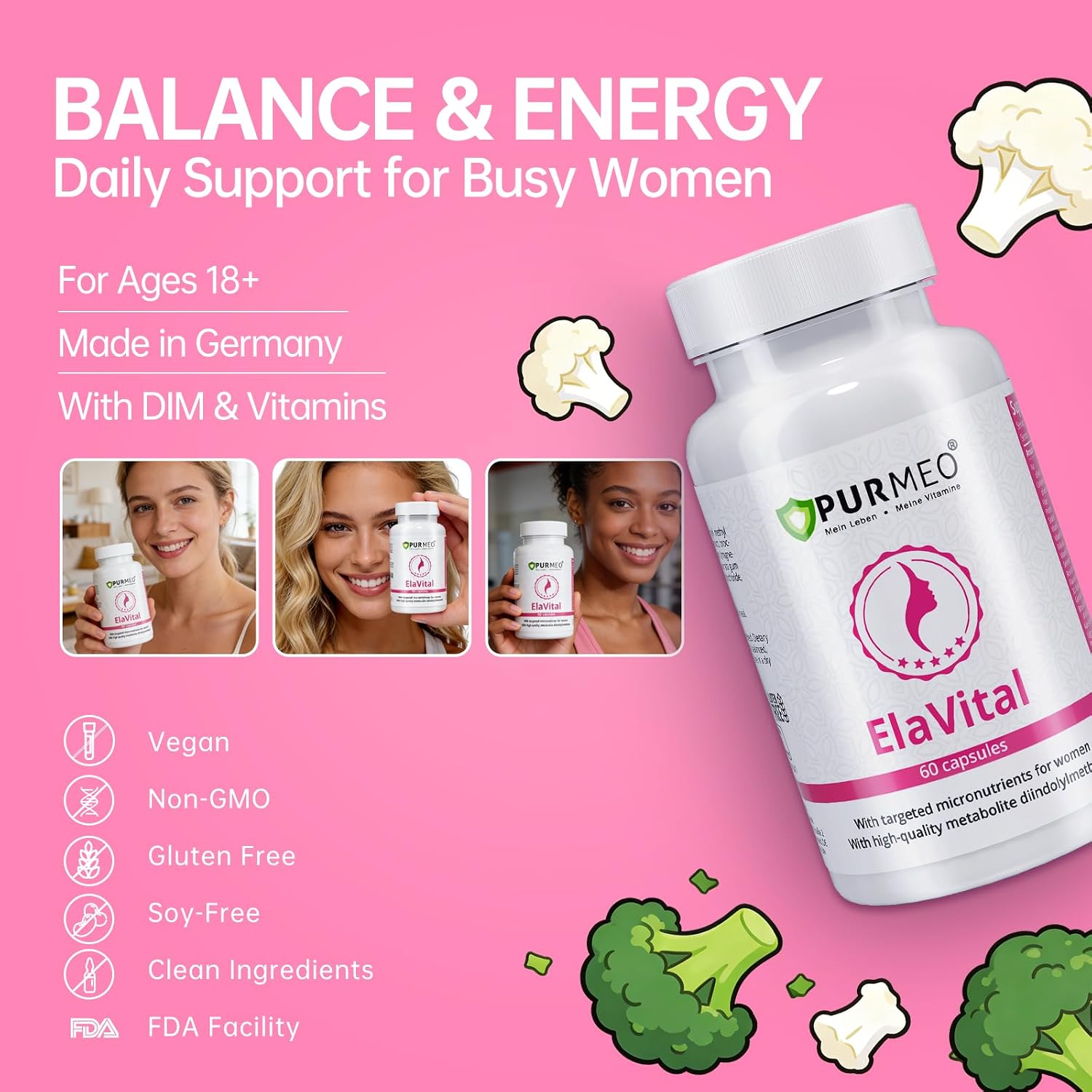 purmeo DIM Supplement for Women, Support Hormone Balance, Breast Health | Blend of 15 Nutrients, Clinically Validated, Made in Germany with Traceable PZN, Vegan, Allergy-Free, Non-GMO, 60ct