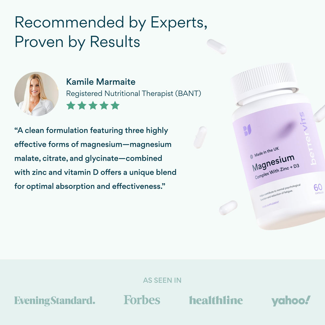 Vitamins package labeled 'Magnesium Complex with Zinc + D3' by bettervits on a white background