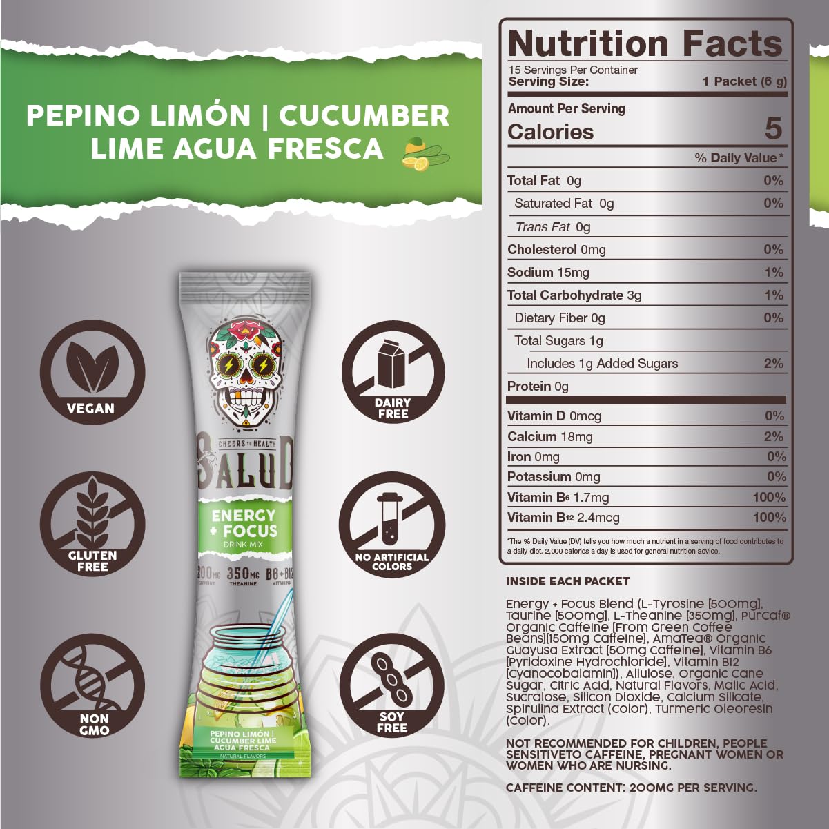 Salud 2-in-1 Energy + Focus Drink Mix, Hibiscus | Organic Caffeine, B6 + B12, Theanine, Clean Energy Packets, Agua Fresca Mix, Non-GMO, Gluten Free, 1g of Sugar (15 Servings)