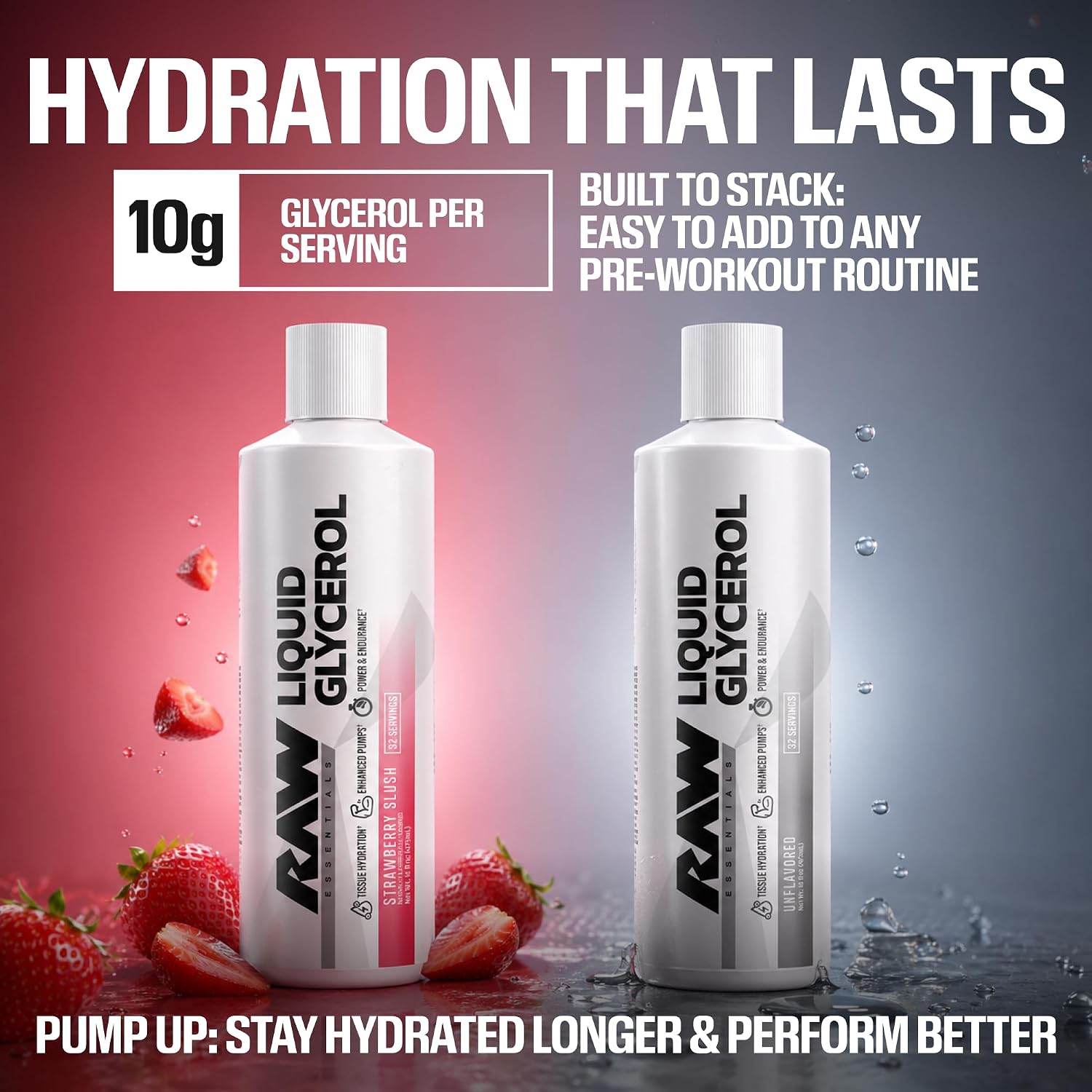 RAW Liquid Glycerol Workout Supplement, Liquid Glycerol Supplement for Enhanced Pumps, Increased Muscle Fullness, Endurance & Hydration - Pre-Workout for Men & Women, 32 Servings (Strawberry Slush)