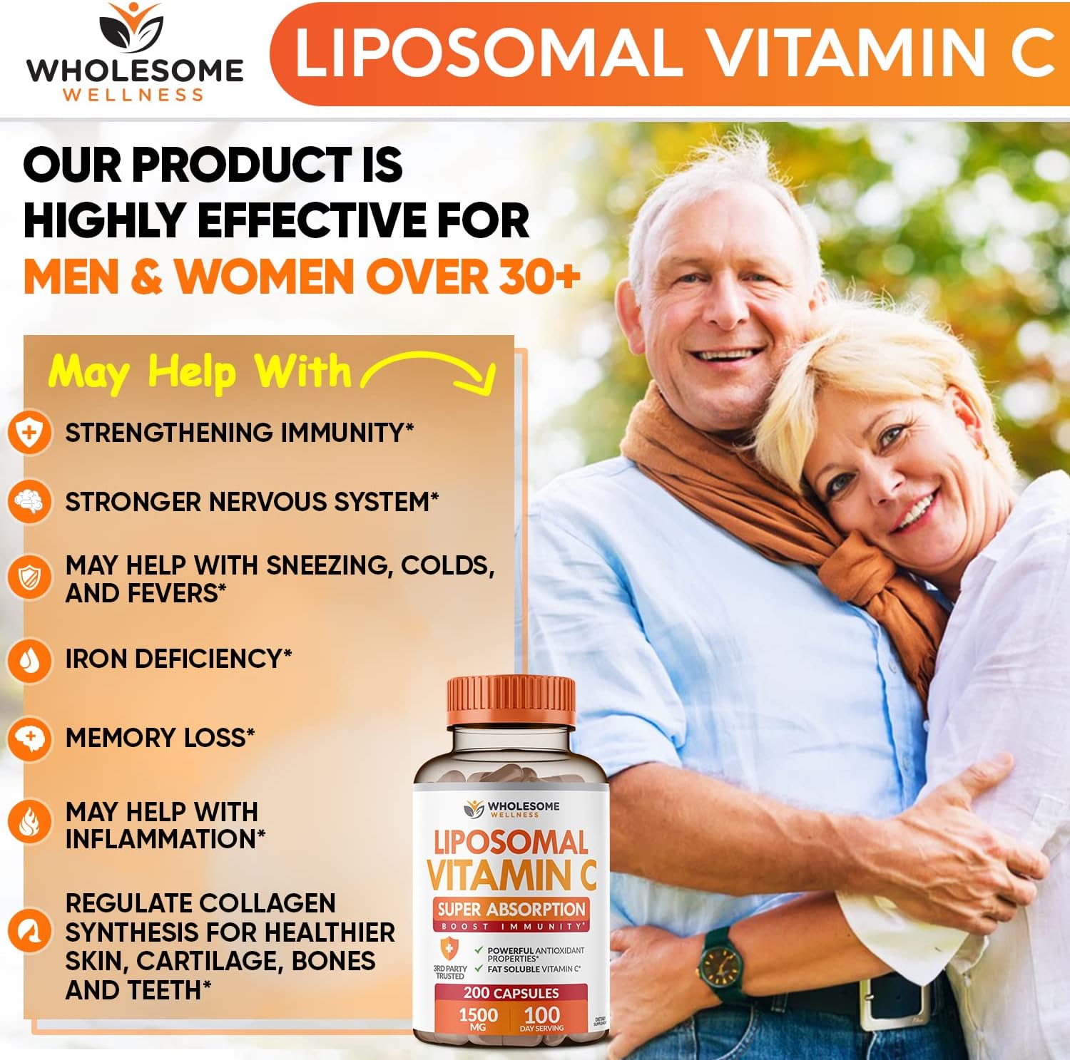 Wholesome Wellness Liposomal Vitamin C Capsules (200 Pills 1500mg Buffered) + Super-Absorb Multi Collagen Pills (Type I II III V X) Organic Herbs and Bioperine Bundle