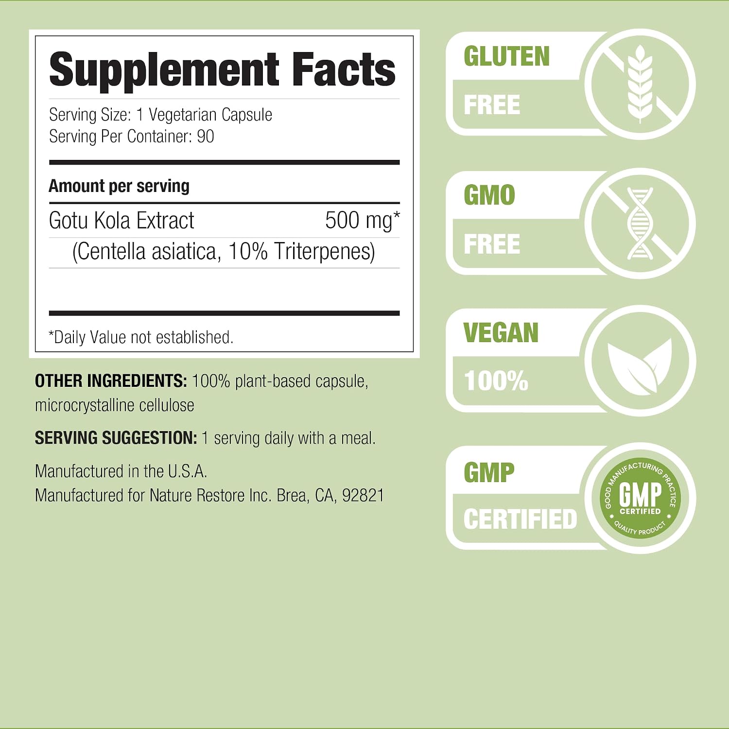 Nature Restore Gotu Kola Extract Supplement. Standardized to 10% Triterpenes - Maximum Potency 500mg Adaptogen for Brain Focus, Memory, Healthy Leg Circulation & Skin Elasticity - 90 Vegan Capsules