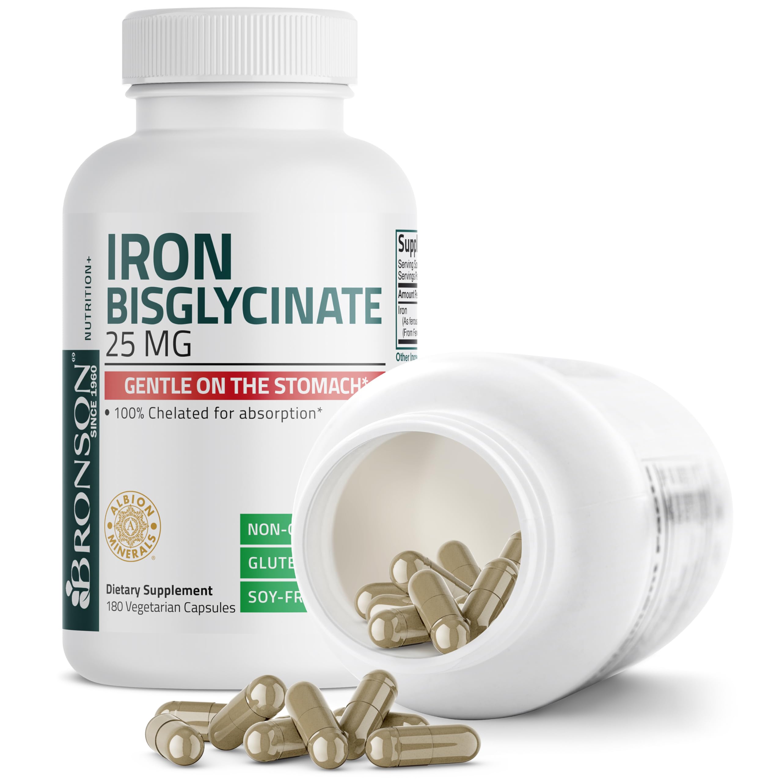 Bronson Iron Bisglycinate 25 mg Gentle on The Stomach, Supports Energy & Healthy Red Blood Cell Production - Non-Constipating Formula - Non GMO, 90 Vegetarian Capsules