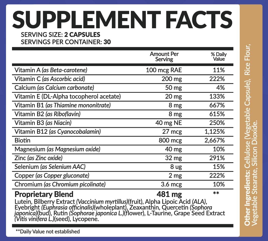 Eye Vitamin Supplement with Lutein, Zeaxanthin, Lycopene, Bilberry, Quercetin & More - All Natural Proprietary Blend Supports Vision & Macular Health - 60 Veggie Capsules