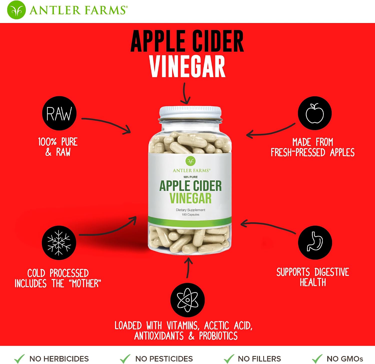 Antler Farms Apple Cider Vinegar with Mother, 180 Capsules, 500mg | 100% Pure Apple Cider Vinegar Pills, A Powerful Ally for Gut and Heart Health, Vegan, Gluten-Free & Non-GMO