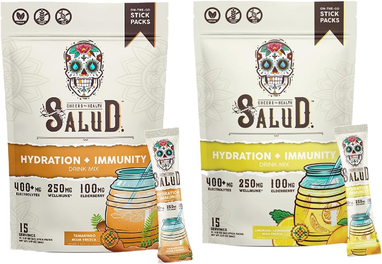 Salud 2-Pack | 2-in-1 Hydration + Immunity (Tamarindo) & Hydration + Immunity (Lemonade)– 15 Servings Each, Agua Fresca Drink Mix, Non-GMO, Gluten Free, Vegan, Low Calorie, 1g of Sugar