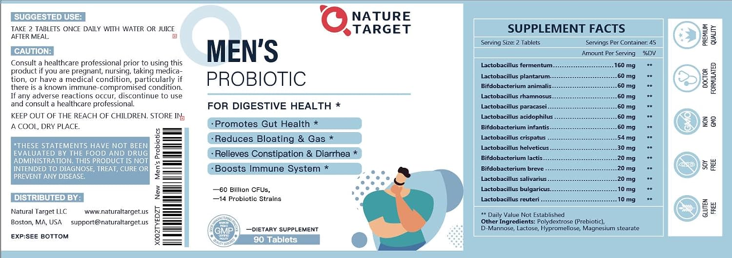 NATURE TARGET Probiotics for Men, 60 Billion CFU, 90 Veggie Tablets | 14 Strains Probiotics & Prebiotics for Men's Digestive & Immune Health, Shelf Stable, Gluten & Soy Free