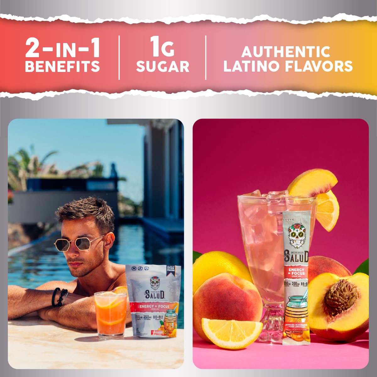Salud 2-Pack |2-in-1 Energy + Focus (Peach Lemonade) & Hydration + Immunity (Cucumber Lime) – 15 Servings Each, Agua Fresca Drink Mix, Non-GMO, Gluten Free, Vegan, Low Calorie, 1g of Sugar