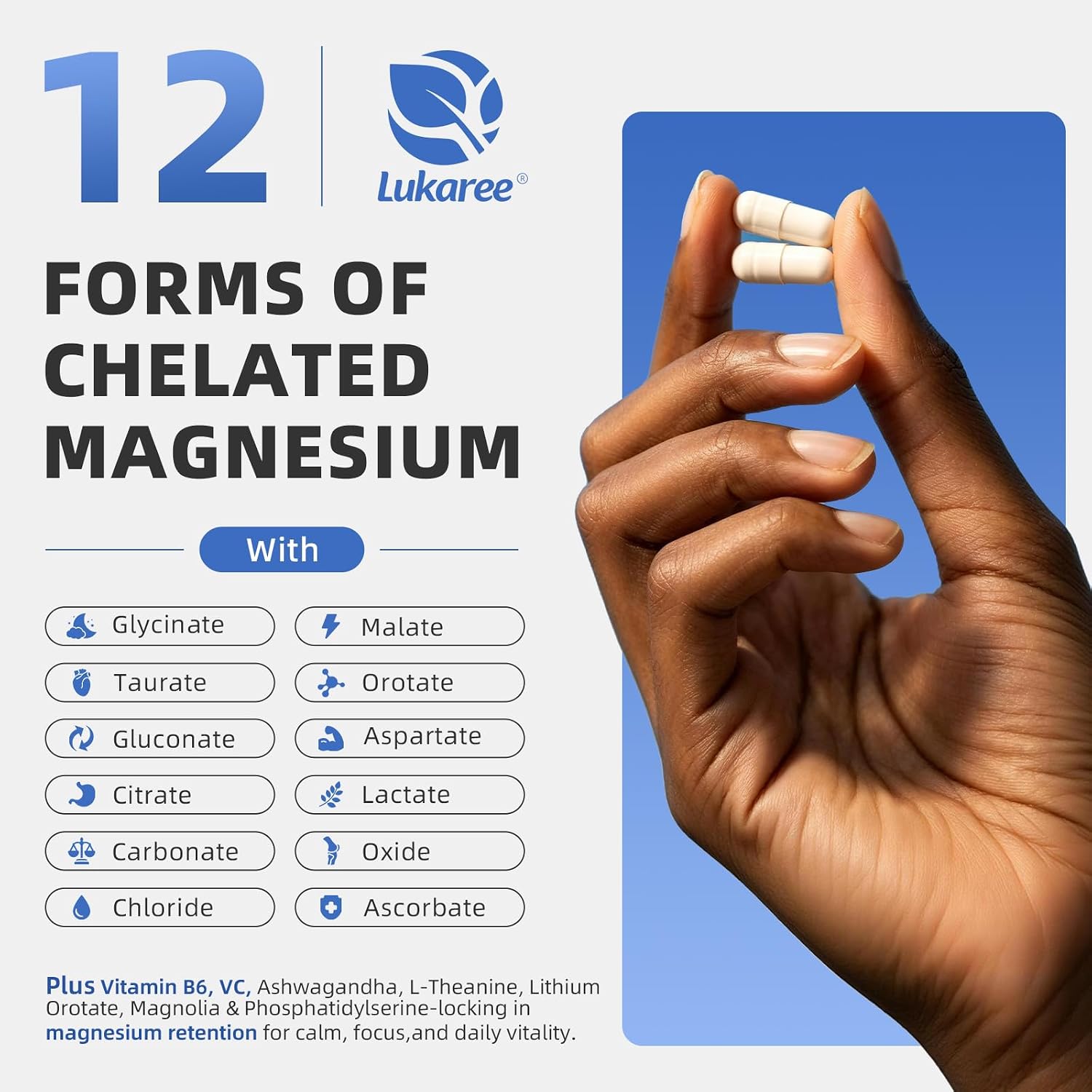 Magnesium Complex Supplement -12 Forms of Glycinate, Citrate, B6 & More | Chelated Formula Plus Ashwagandha,Lithium Orotate - Support for Sleep, Muscle & Nerves*- Men & Women Capsules- Non-GMO-120 Ct