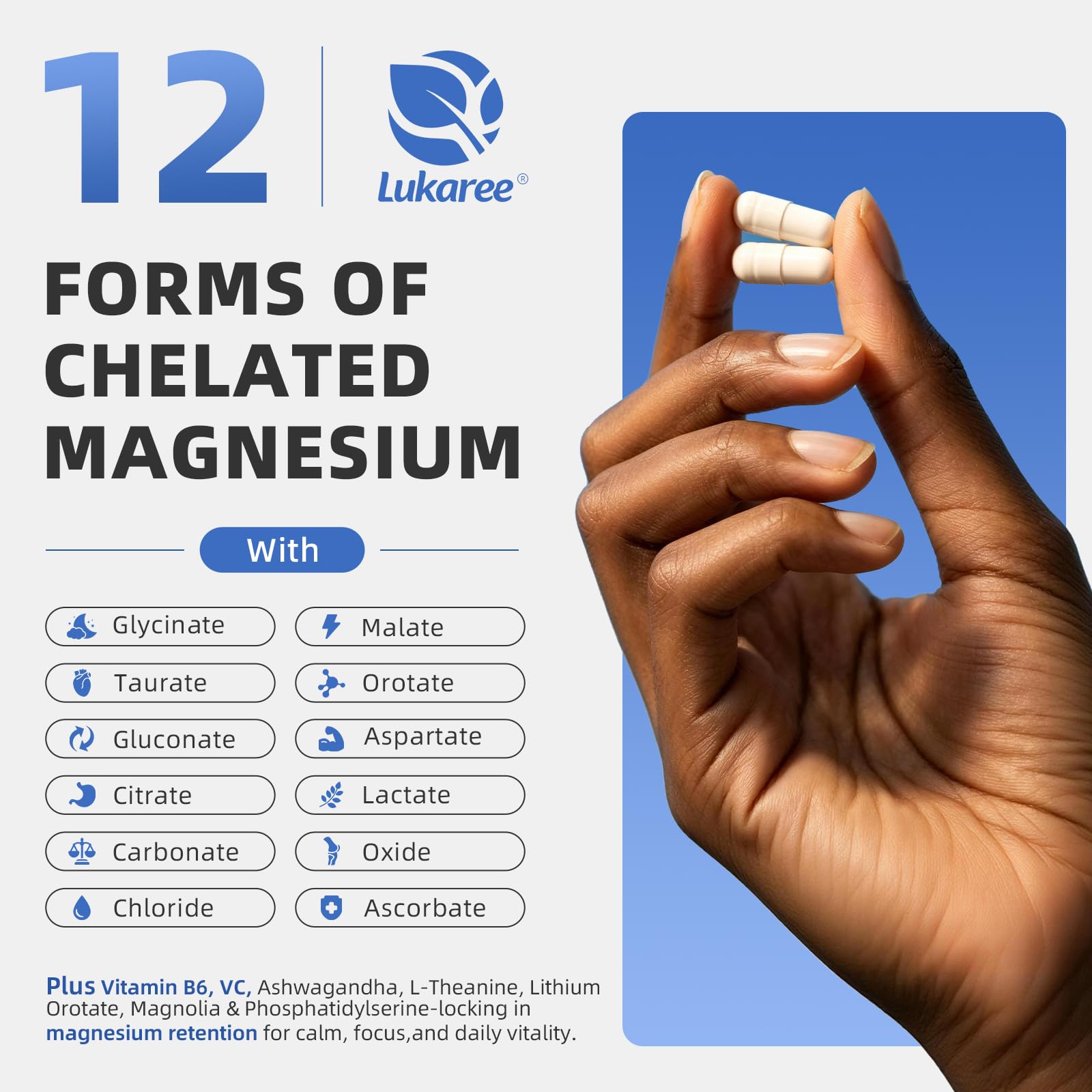Magnesium Complex Supplement -12 Forms of Glycinate, Citrate, B6 & More | Chelated Formula Plus Ashwagandha,Lithium Orotate - Support for Sleep, Muscle & Nerves*- Men & Women Capsules- Non-GMO-120 Ct