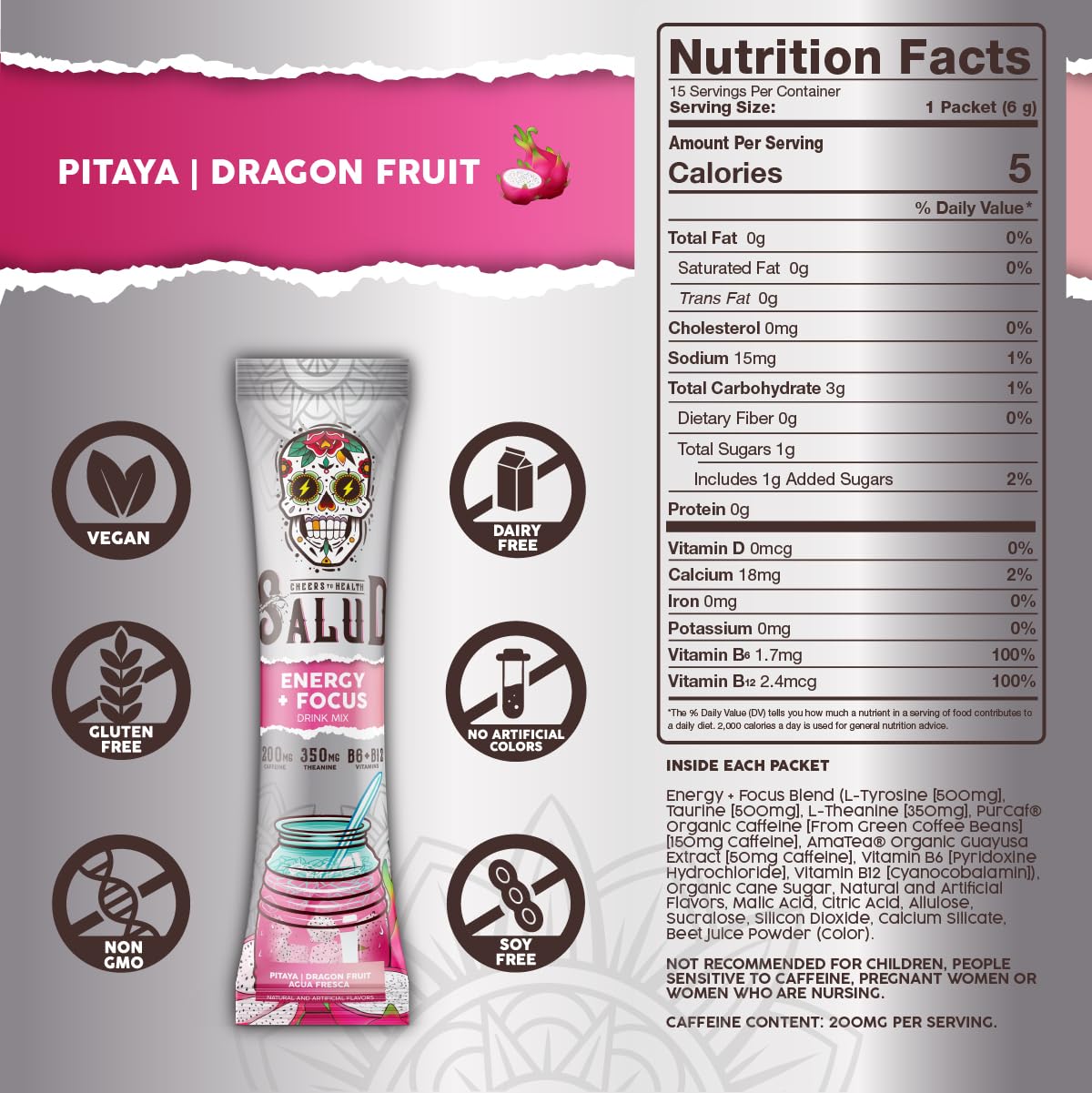 Salud 2-in-1 Energy + Focus Drink Mix, Hibiscus | Organic Caffeine, B6 + B12, Theanine, Clean Energy Packets, Agua Fresca Mix, Non-GMO, Gluten Free, 1g of Sugar (15 Servings)