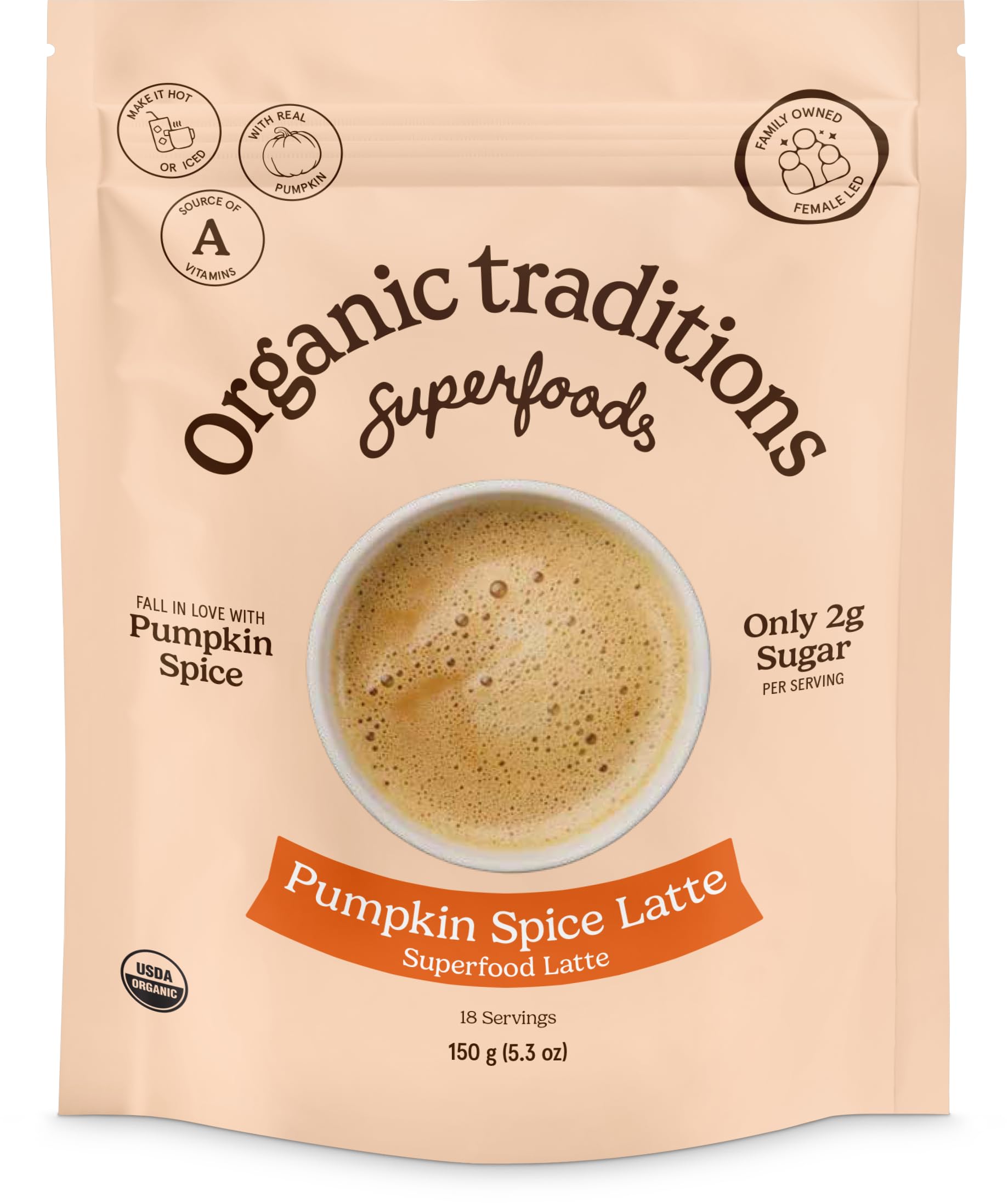Organic Traditions Lavender Latte Calming Drink Mix, Caffeine Free Latte Blend with Lavender Powder, Tart Cherry, Probiotics, Reishi, and Ashwandha, Evening Beverage for Gentle Wind Down, 150g / 5.3oz