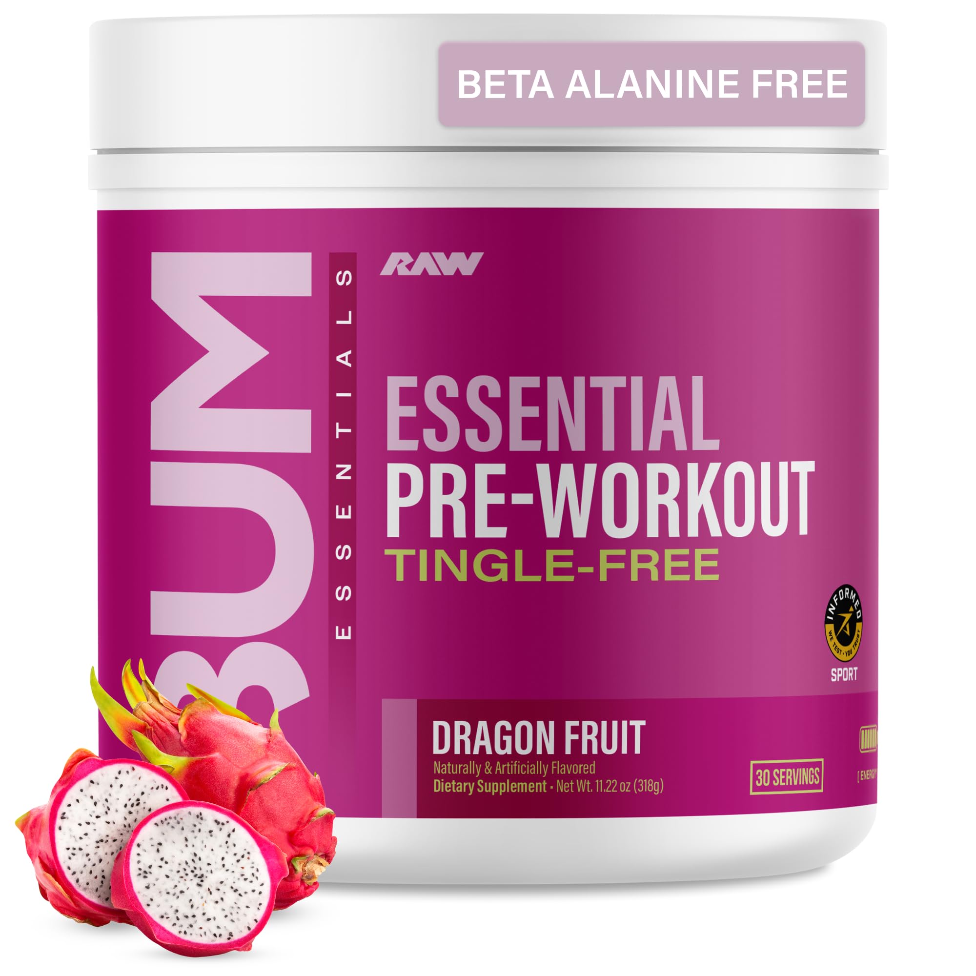 RAW Essential Tingle-Free Pre Workout Powder - Preworkout Without Beta-Alanine for Clean Energy & Focus - Workout Supplement with 200mg of Natural Caffeine - Pink Lemonade - 30 Servings