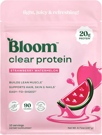 Bloom Nutrition Clear Whey Protein, Strawberry Watermelon, 10 Servings | Whey Protein Isolate with Collagen Peptides & Digestive Enzymes, 20g Protein, Sugar Free Post Workout Drink Mix, 90 Calories