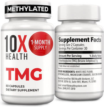 10X Health Tmg Supplements - 60 Capsules | Trimethylglycine: Betaine Anhydrous, Liver & Heart Support, Non-GMO & Gluten-Free