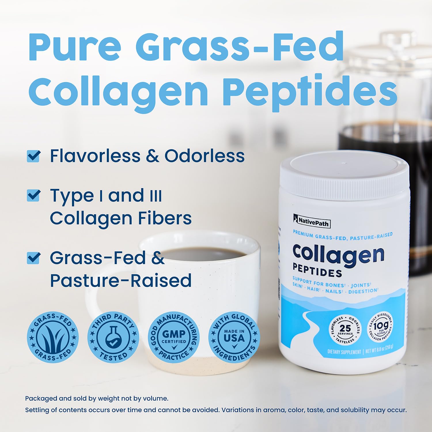 NativePath Collagen Peptides, Grass-Fed Type 1 & 3, 45 Servings | 10g Hydrolyzed Per Scoop, Supports Hair, Skin, Nails & Joints, Unflavored, Women & Men, Keto & Paleo