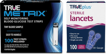 TRUE METRIX Glucose Test Strips 100 Count, TRUEplus 30G Lancets 100 Count | Blood Glucose Test Strips and Lancets, Compatible with TRUE METRIX Family of Self Monitoring Blood Glucose Meters