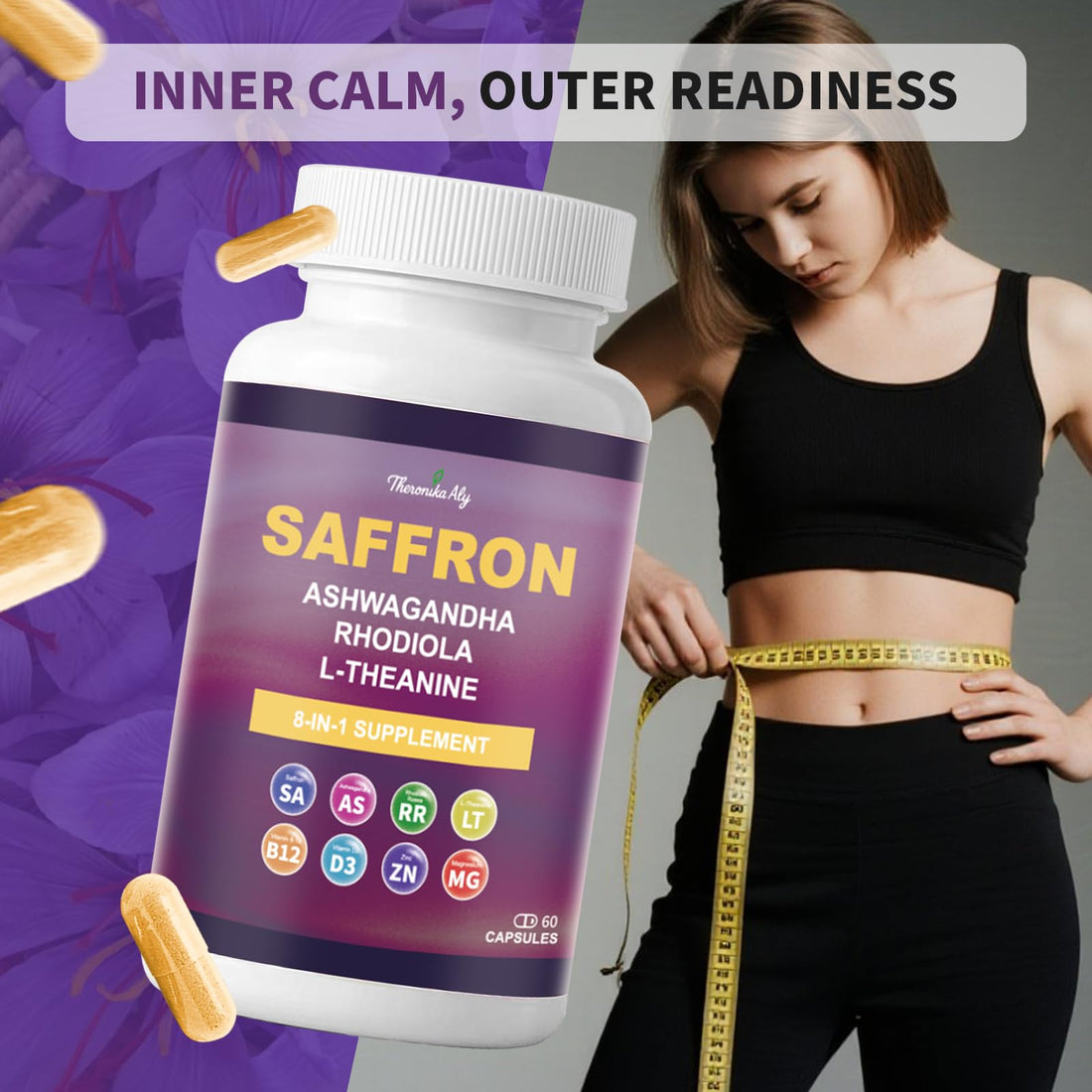 Supplement bottle and packaging with saffron, ashwagandha, rhodiola, and L-theanine on a white background