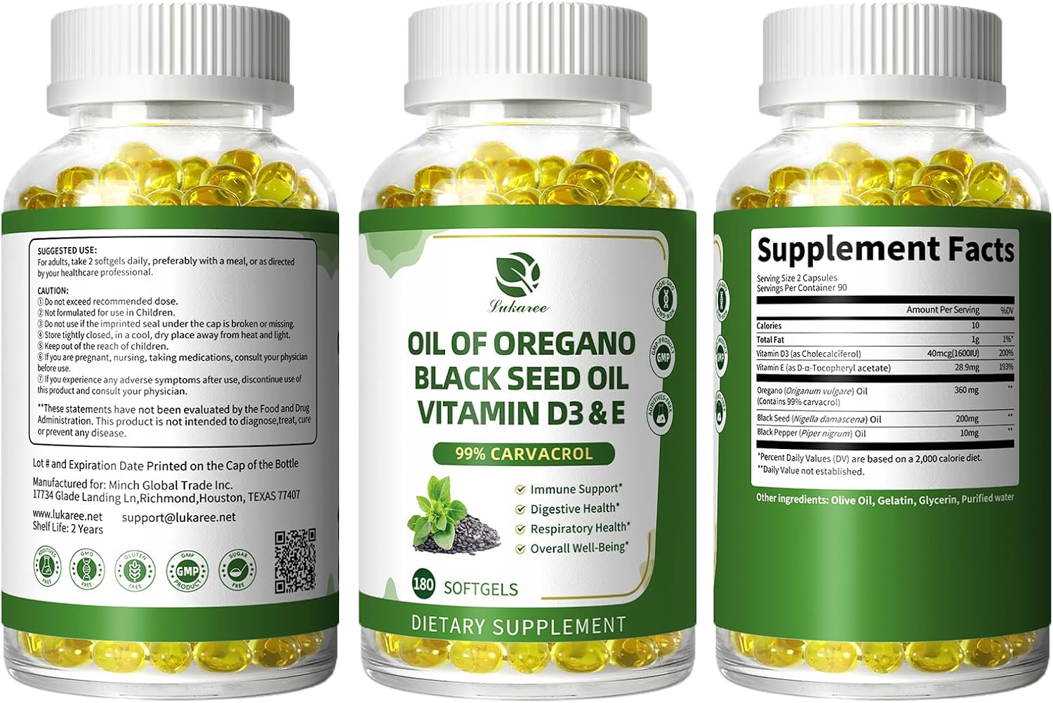 Oregano Oil Softgels with Black Seed Oil, 99% Carvacrol, 180 Ct, 3 Month | 5-in-1 with Vitamin D3 E Black Pepper, Immune, Respiratory, Digestive & Antioxidant*, Ultra-Concentrated, Easy to Swallow