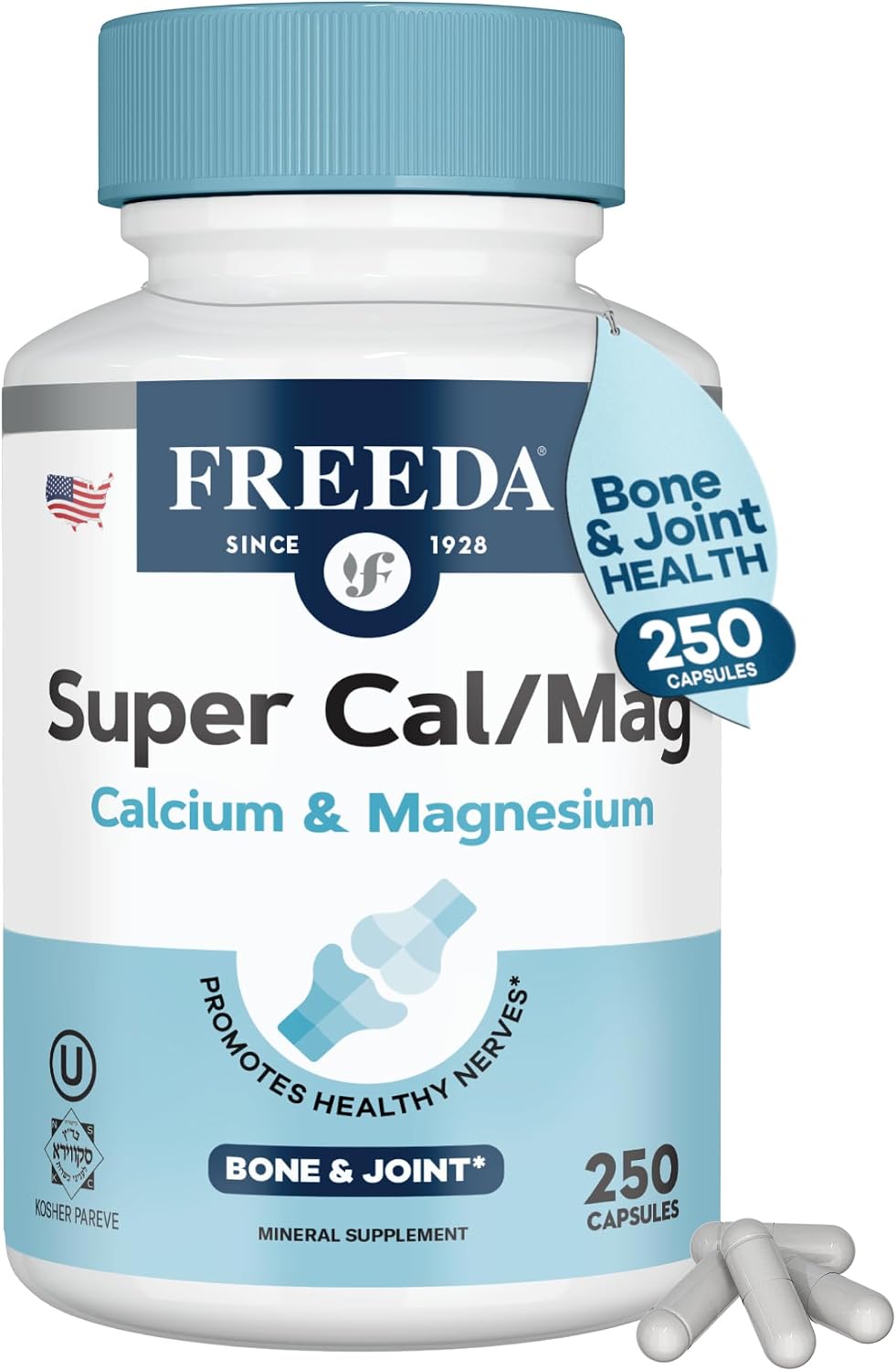 Freeda Calcium Magnesium 2:1 Supplement - 250 Capsules | Vegan Calcium & Magnesium Formula - Third-Party Tested - Support Bone Strength, Muscle Relaxation, and Healthy Nerve Function