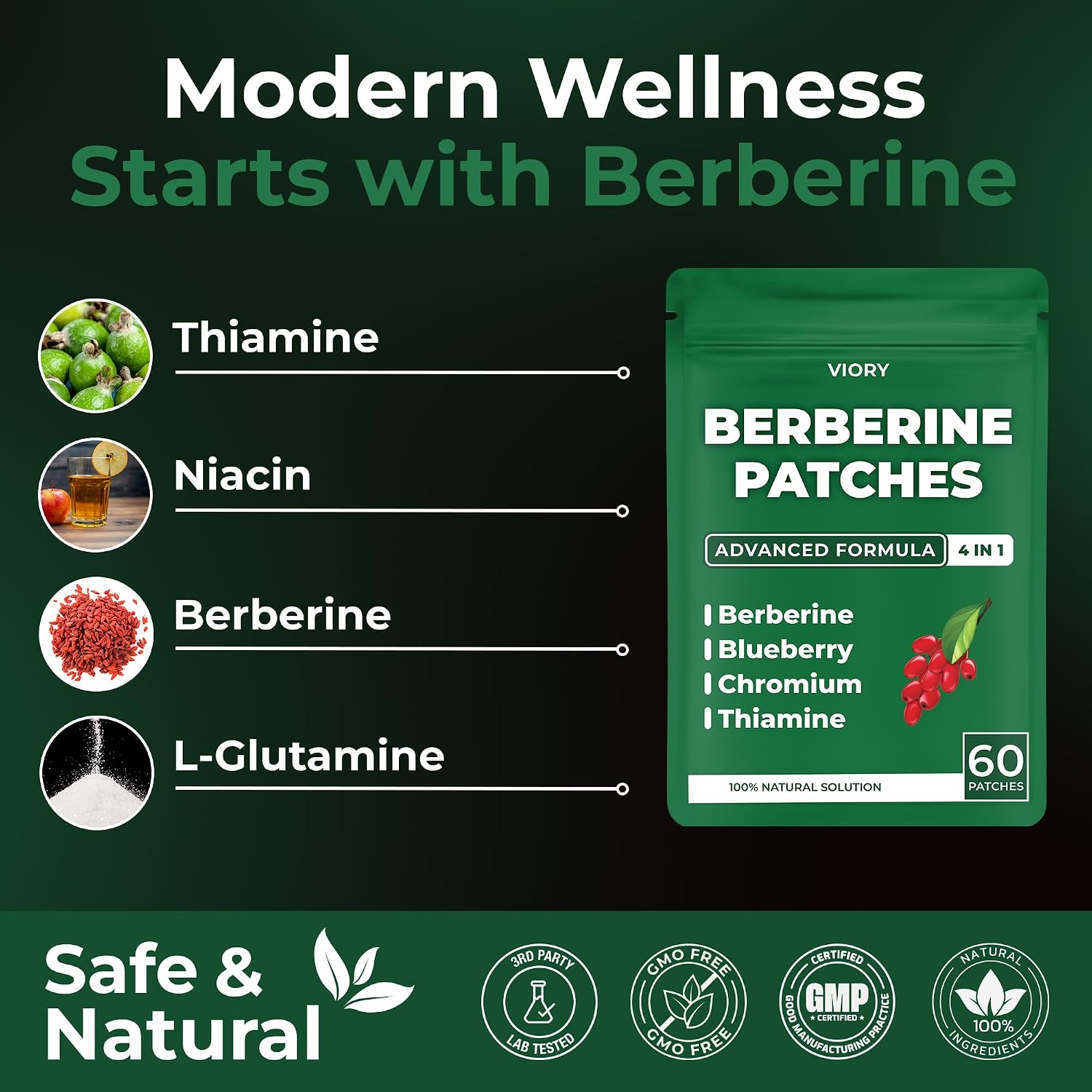 VIORY Berberine Patches | Berberine Patch with L-Glutamine | With L-Glutamine, Garcinia Cambogia, Resveratrol For Women & Men, 60 Days Supply