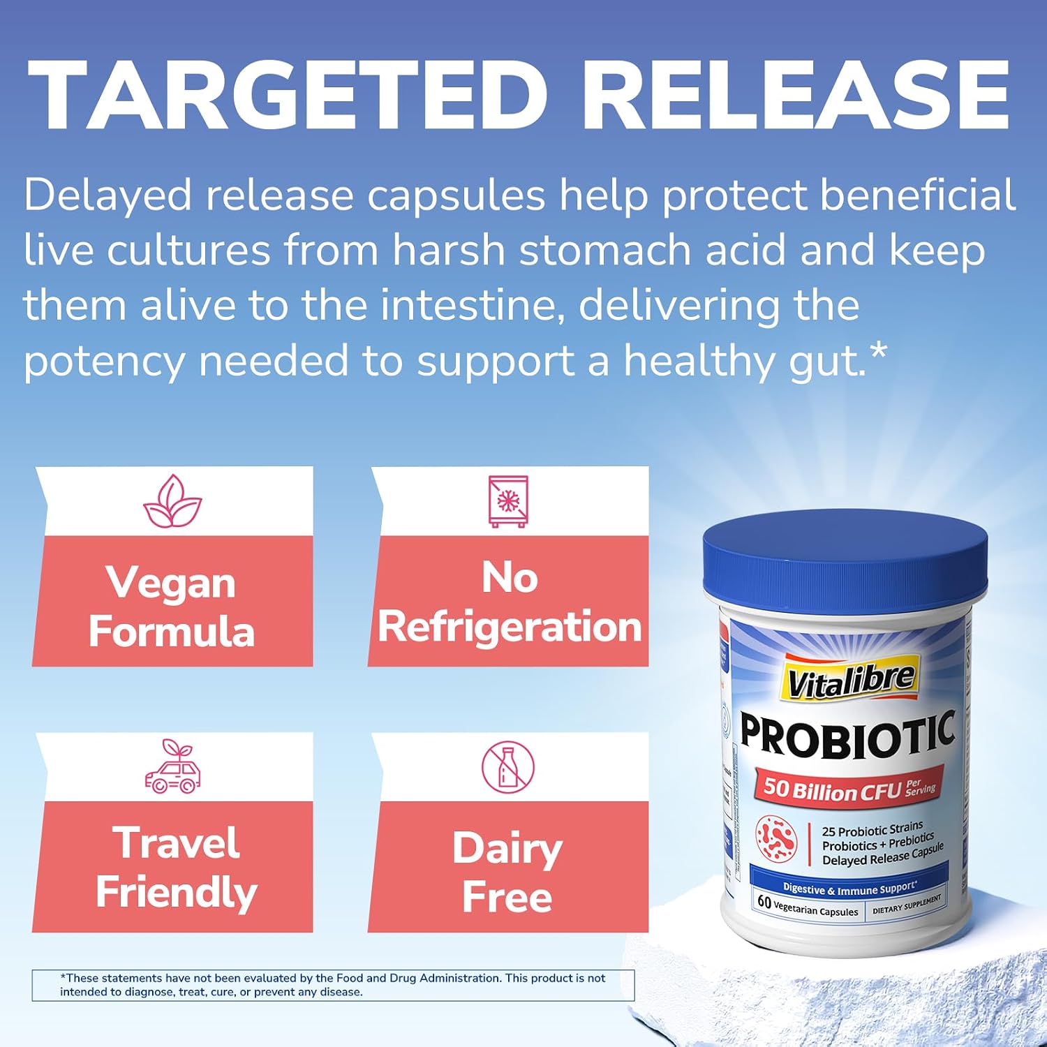 Vitalibre Probiotic for Women and Men, 50 Billion CFU, 25 Diverse Strains Plus Prebiotics, for Digestive Health & Immune Support, Delayed Release, No Refrigeration Needed, 60 Veggie Capsules