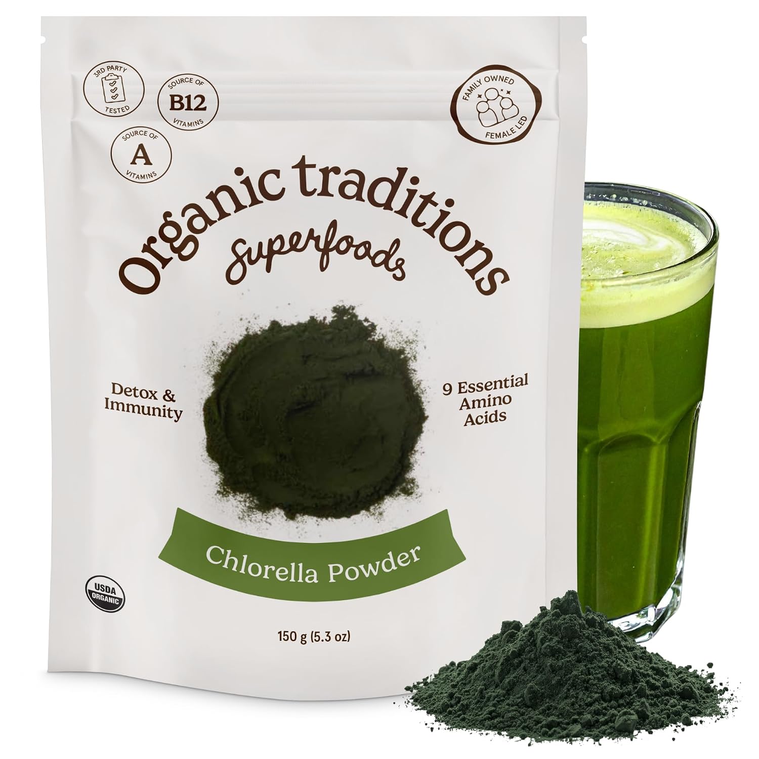 Organic Traditions Chlorella Powder, Broken Cell Wall Algae with Plant Based Protein, Essential Amino Acids, Chlorophyll & Nutrients, Eenergy Drink, Non GMO Superfood for Daily Blends, 150g/5.3oz Bag