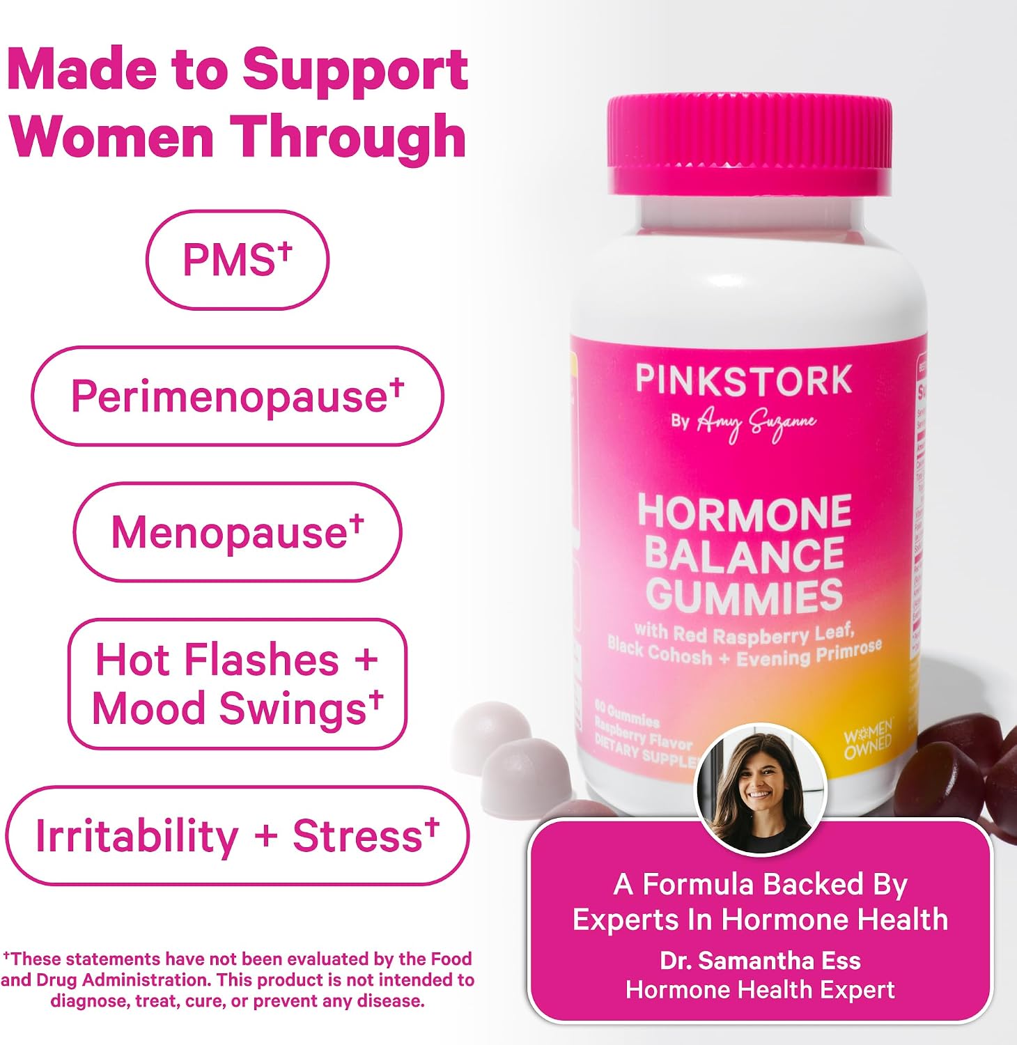 Pink Stork Hormone Balance Gummies for Women, 60 Vegan Gummies | PMS, Menopause & Perimenopause Support, Mood, Digestion, Temperature Comfort + Energy, Red Raspberry Leaf, Black Cohosh