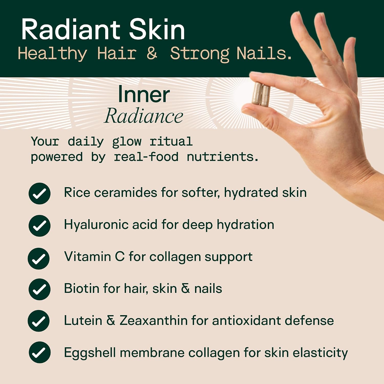 Adapt Naturals Inner Radiance Hair Skin and Nails Vitamins for Women & Men | with Biotin, Collagen, Hyaluronic Acid, Vitamin C & Ceramides - Thicker Hair, Stronger Nails & Hydrated Skin Supplement