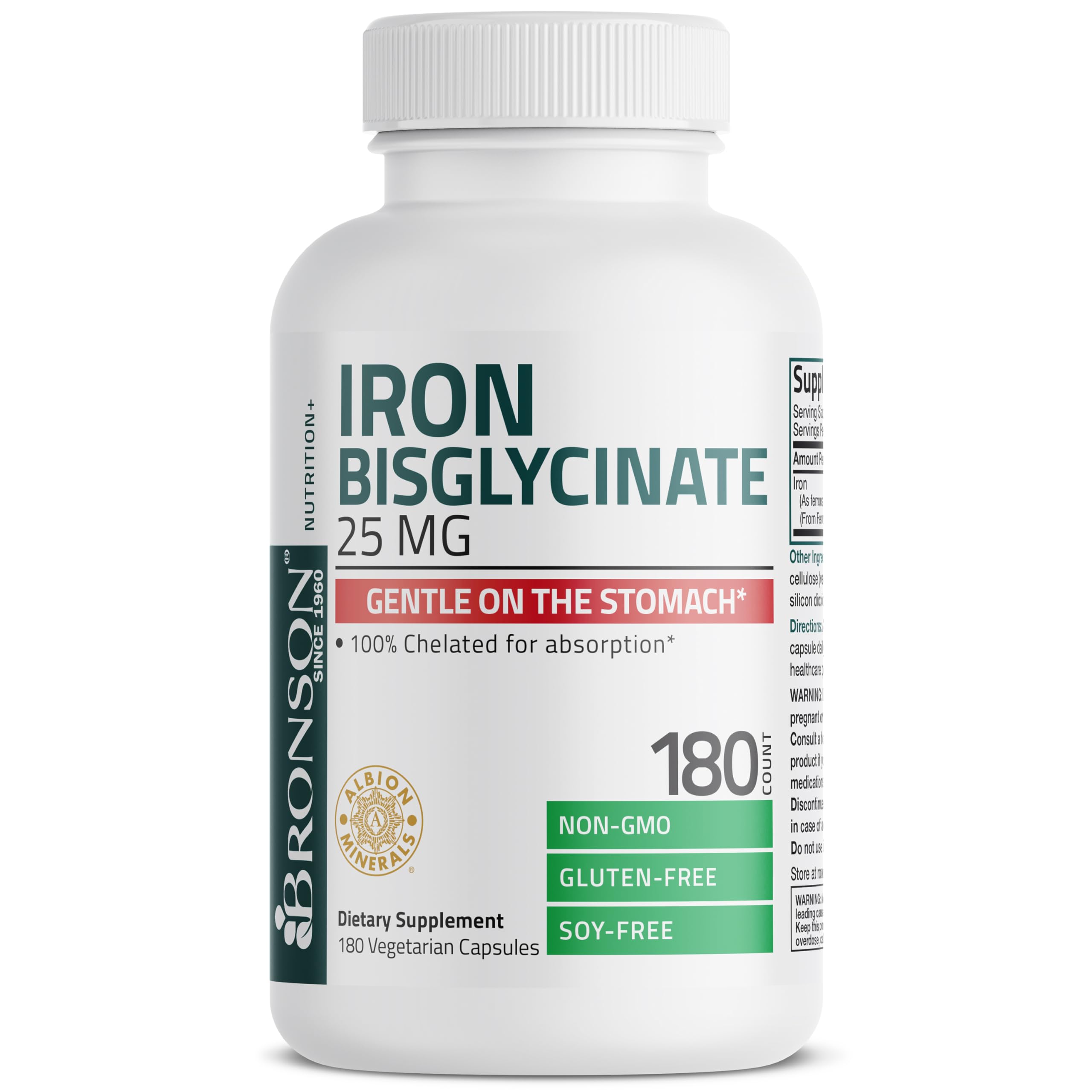 Bronson Iron Bisglycinate 25 mg Gentle on The Stomach, Supports Energy & Healthy Red Blood Cell Production - Non-Constipating Formula - Non GMO, 90 Vegetarian Capsules