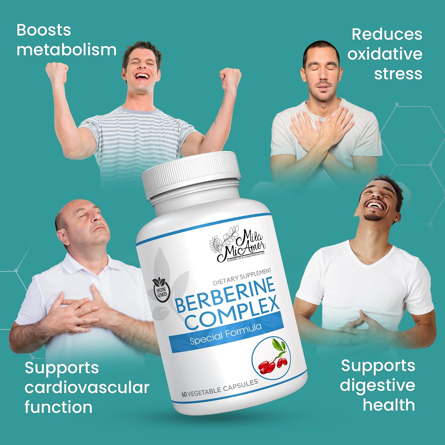 Berberine Complex HCL 500mg - Special Berberine Supplement with Melon Fruit & Banaba Leaf - Non-GMO, Made in USA - Heart, Cognitive & Gastrointestinal Health - 60 Capsules