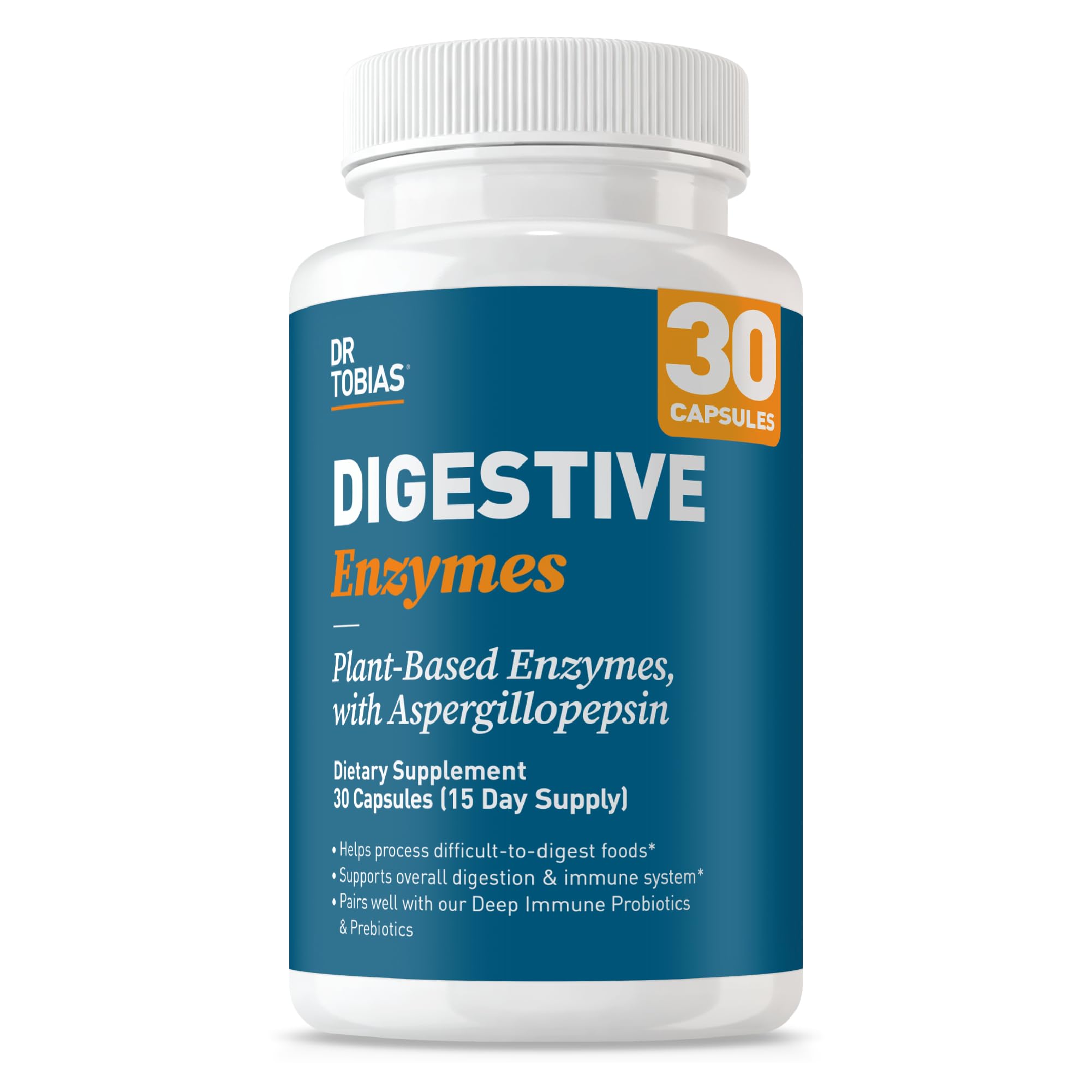 Dr. Tobias Digestive Enzymes 18-Enzyme Blend 60 Caps | Digestive Support | Take at Meal-Time | Enzymes for Digestion | Amylase + Lipase + Lactase | Digest Proteins, Fats, Carbs & Dairy | 30 Servings
