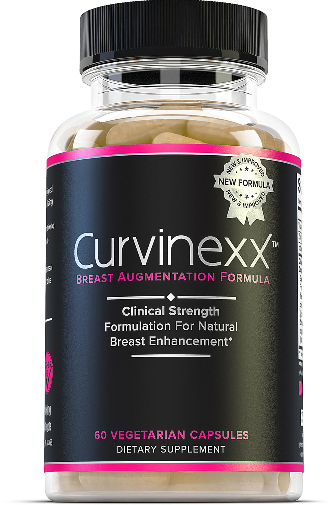 Bottle of Curvinexx Breast Augmentation Formula with black and pink label