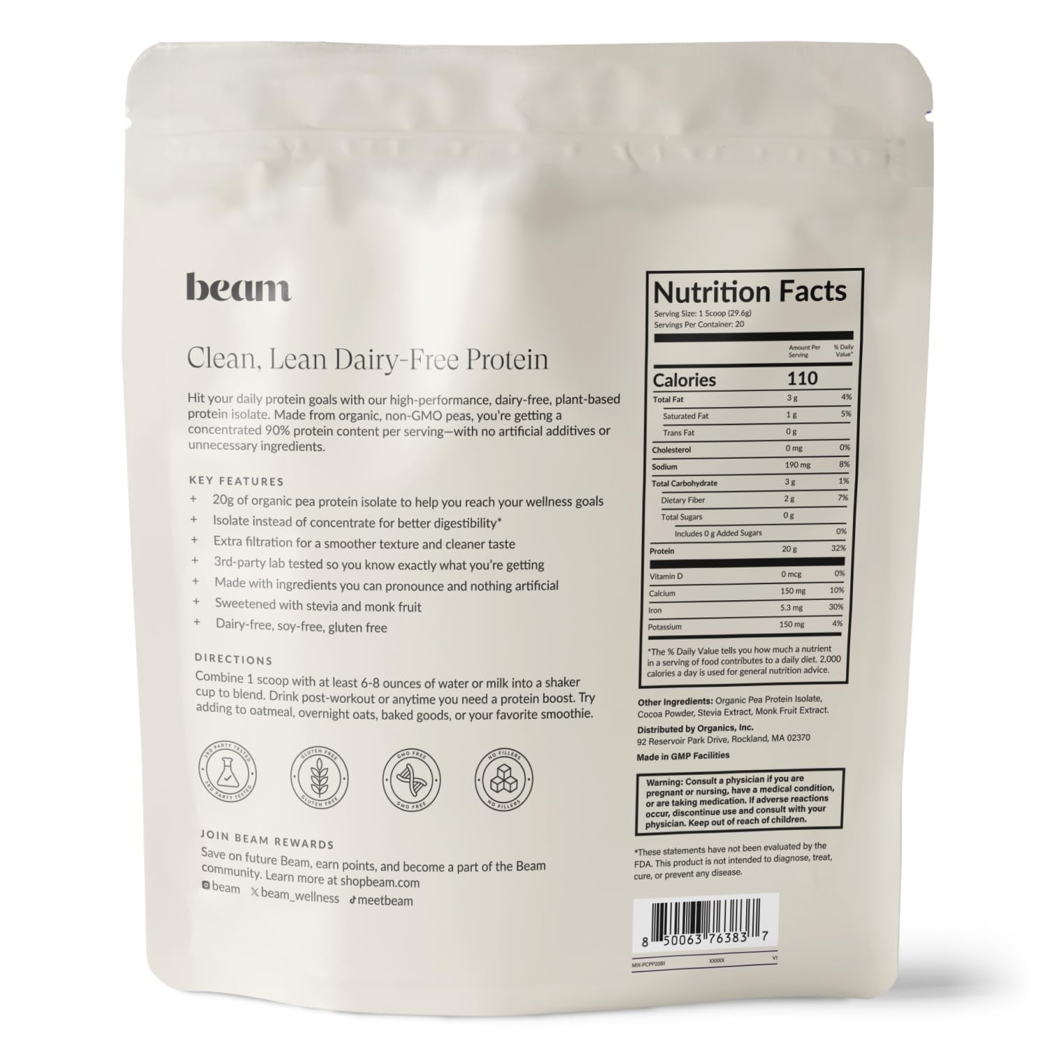 BEAM Vegan Protein Powder – Organic Pea Protein Isolate, 20g Plant-Based Protein per Serving, Third-Party Tested, No Added Sugar, Dairy Free, Soy Free, Gluten Free, 20 Servings, Chocolate