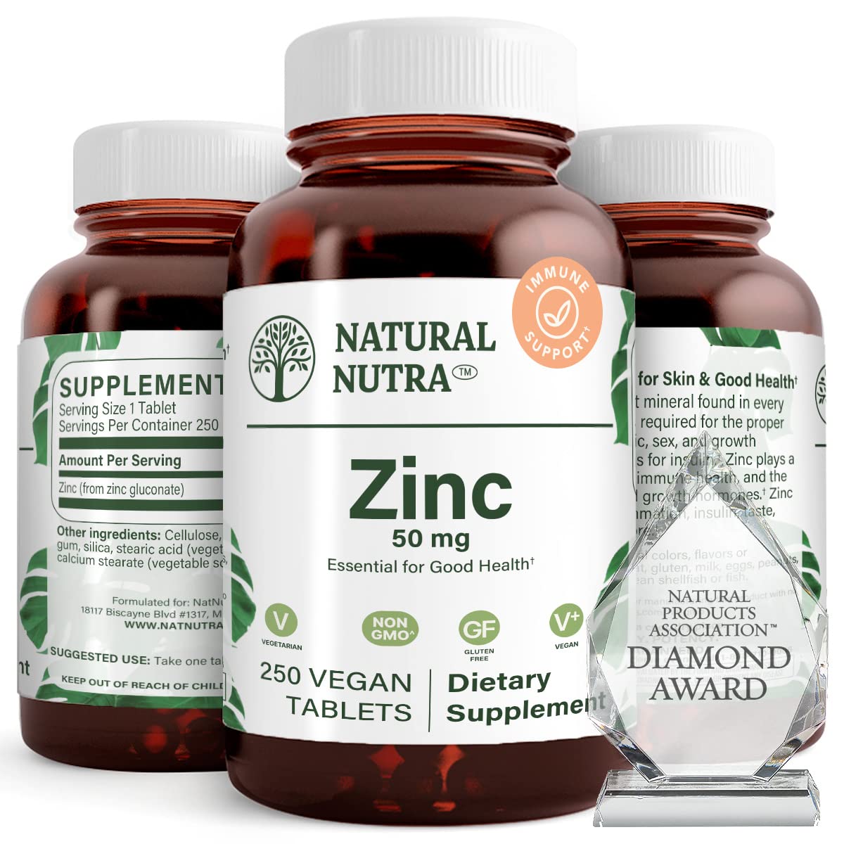 Natural Nutra Zinc Gluconate 50mg Supplement for Immune Support, Promotes Skin Health, Provides Ease From Flu & Cold, Boost Learning & Memory, Enhance Taste & Smell, Gluten Free 50mg 100 Vegan Tablets