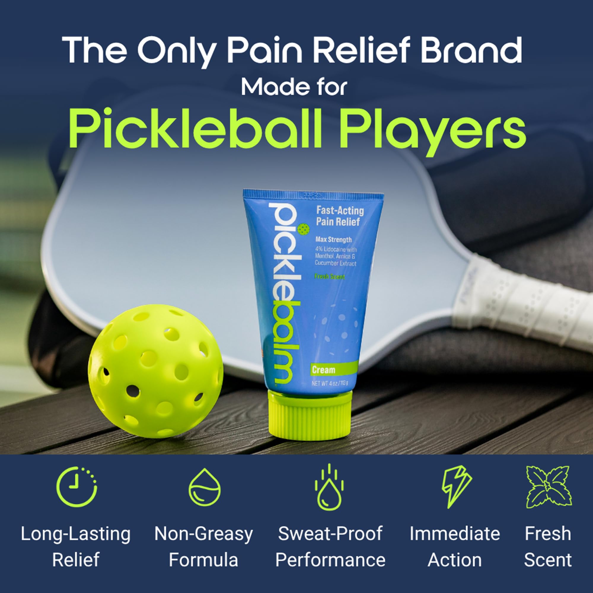 PickleBalm Pickleball Post-Game Muscle Pain Relief Cream with 4% Lidocaine, Arnica, Menthol, Cucumber Seed Extract for Shoulders, Knees, Wrists, and More, 4oz Cream PickleBalmBuy Supplements Australia