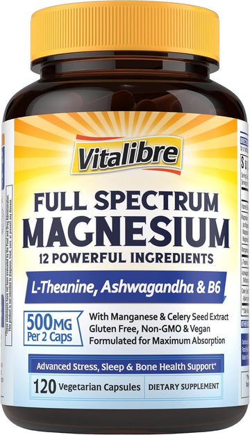 Vitalibre Magnesium Complex 500mg for Women Men, 120 Vegan Capsules | with Ashwagandha, L-Theanine, Vitamin B6 & Celery, High Absorption Magnesium Glycinate, Citrate, Malate, Sleep & Bone Support