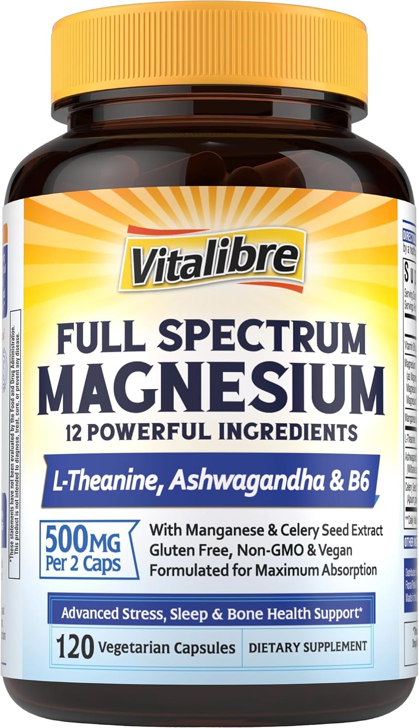 Vitalibre Magnesium Complex 500mg for Women Men, 120 Vegan Capsules | with Ashwagandha, L-Theanine, Vitamin B6 & Celery, High Absorption Magnesium Glycinate, Citrate, Malate, Sleep & Bone Support