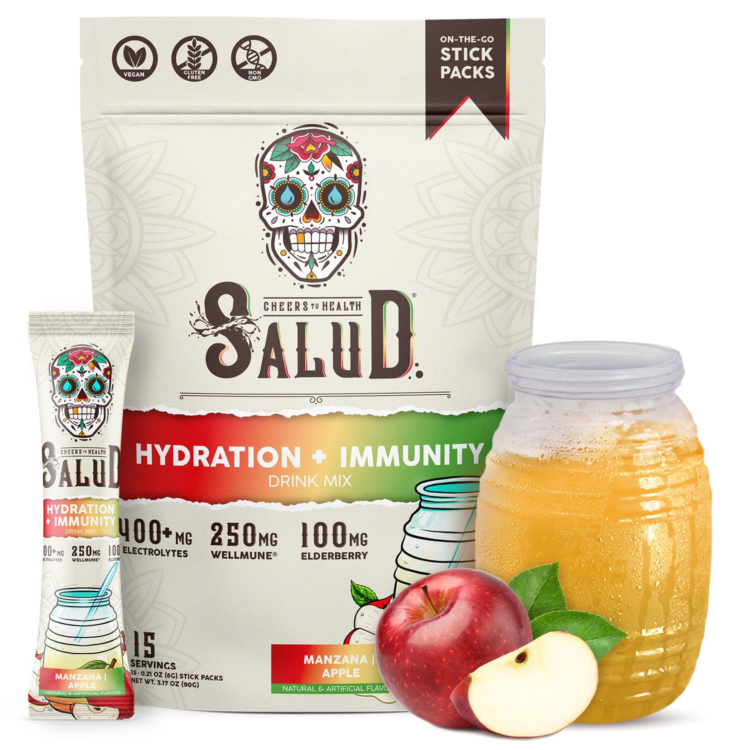 Salud 2-in-1 Hydration + Immunity Drink Mix, Cucumber Lime | Electrolytes Powder, Agua Fresca, Elderberry, Dairy & Soy Free, Non-GMO, Gluten Free, Vegan, 1g Sugar (15 Servings)