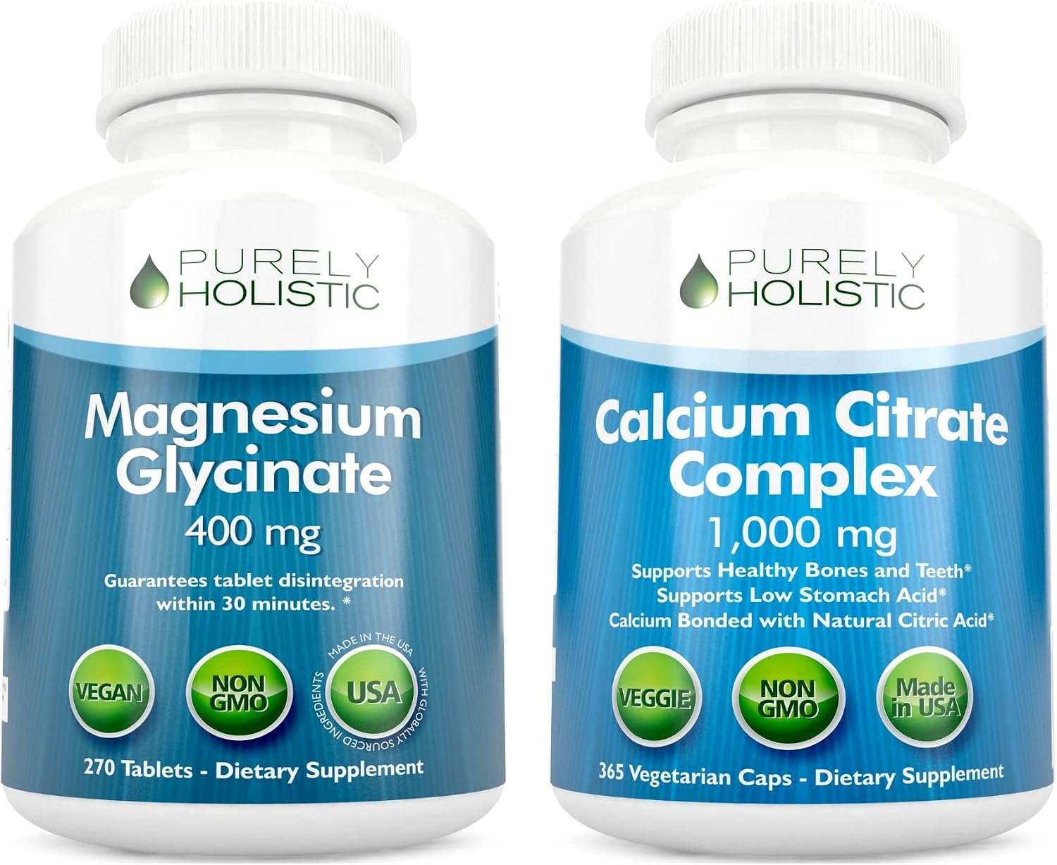 Magnesium Glycinate 400mg + Calcium Citrate 1000mg with Parsley, Dandelion & Watercress - Vegan Bundle - 270 Tablets & 365 Capsules